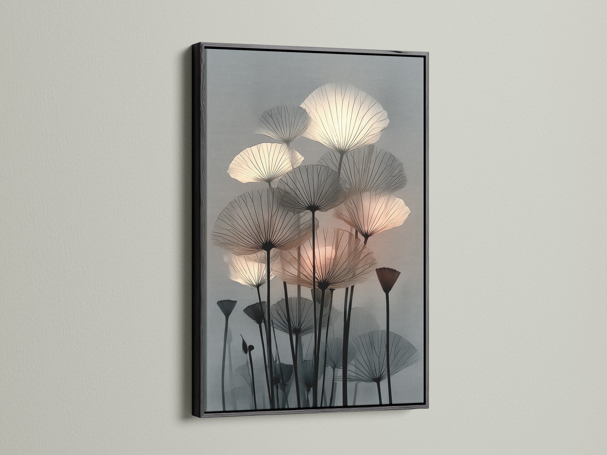 Botanical canvas print with a sleek black frame. This modern plant artwork enhances your space. The abstract wall art is perfect as living room art. This flower canvas uses neutral tones. It's a stylish choice for bedroom wall decor and minimalist art.