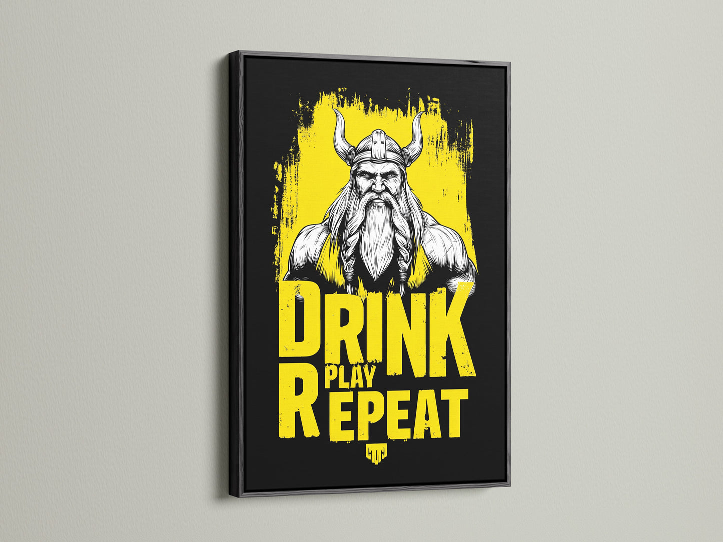 The Viking Warrior Canvas Print is displayed in a sleek black frame. This mythology art is perfect for enhancing man cave decor. The black frame adds sophistication. It makes the Drink Play Repeat artwork pop. This canvas print is a bold statement piece.