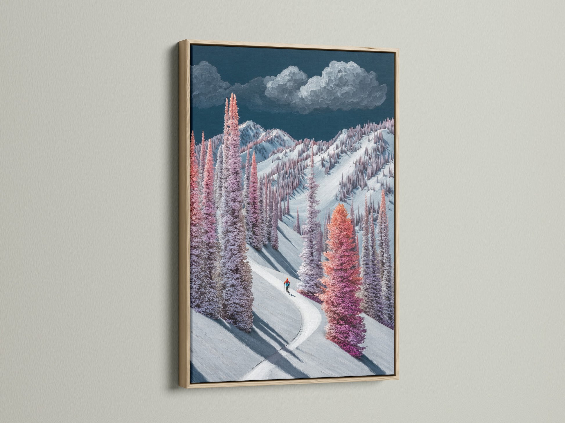 Winter Mountain Canvas Print in an oak frame. Discover snowy trees wall art. This pastel landscape painting adds beauty to any home decor. This artwork brings a touch of winter wonderland to your walls. Perfect for Scandinavian styles