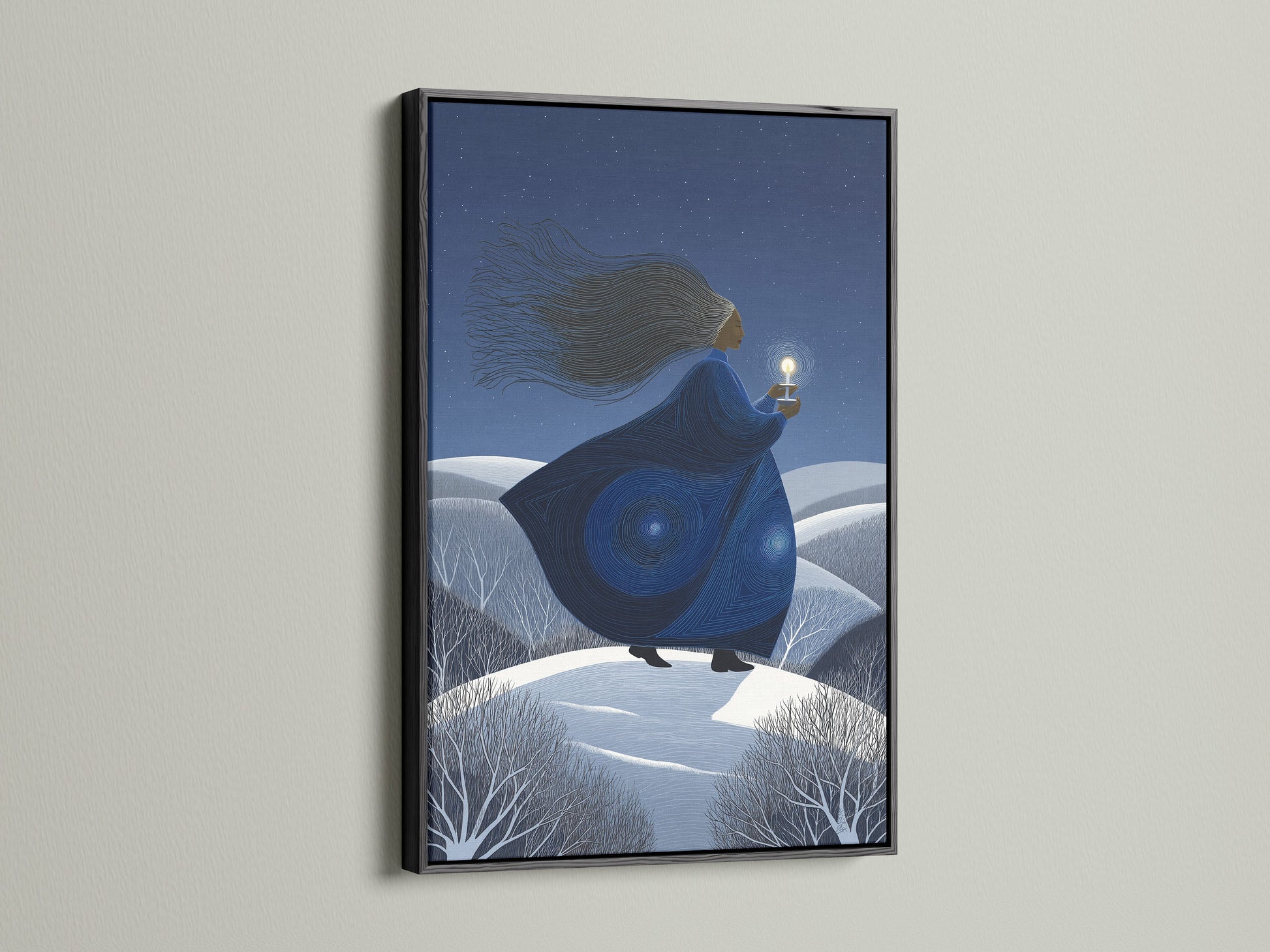 Mystical Woman canvas print in a black frame. The fantasy canvas print adds celestial wall decor. It is ideal for contemporary spaces. This dreamy night art brings a spiritual touch. The magical realism enhances any room. The starry landscape art is captivating.