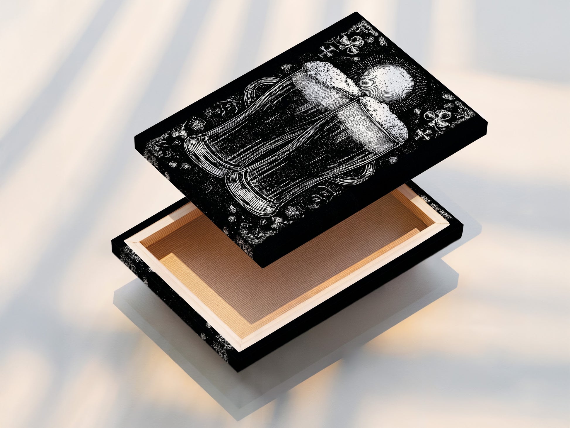 This is a stretched canvas print. The artwork features a monochromatic illustration of two beer glasses. The canvas print offers a gallery-worthy look. The artwork is ready to hang. This makes it a convenient addition to any art collection. The canvas print adds a touch of sophistication.