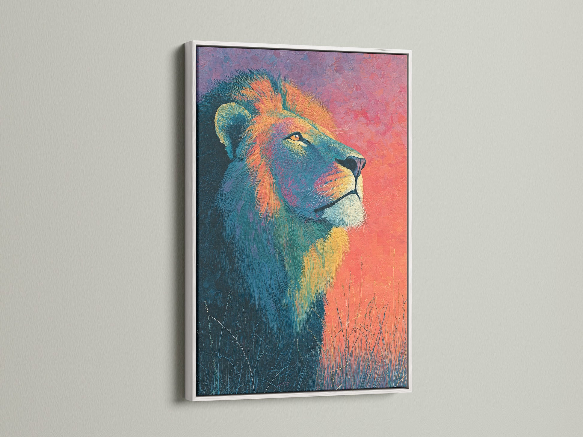A striking lion artwork is presented in a white frame. The white frame offers a clean modern look. It allows the art to stand out. Discover the elegance of white frames for your artwork.
