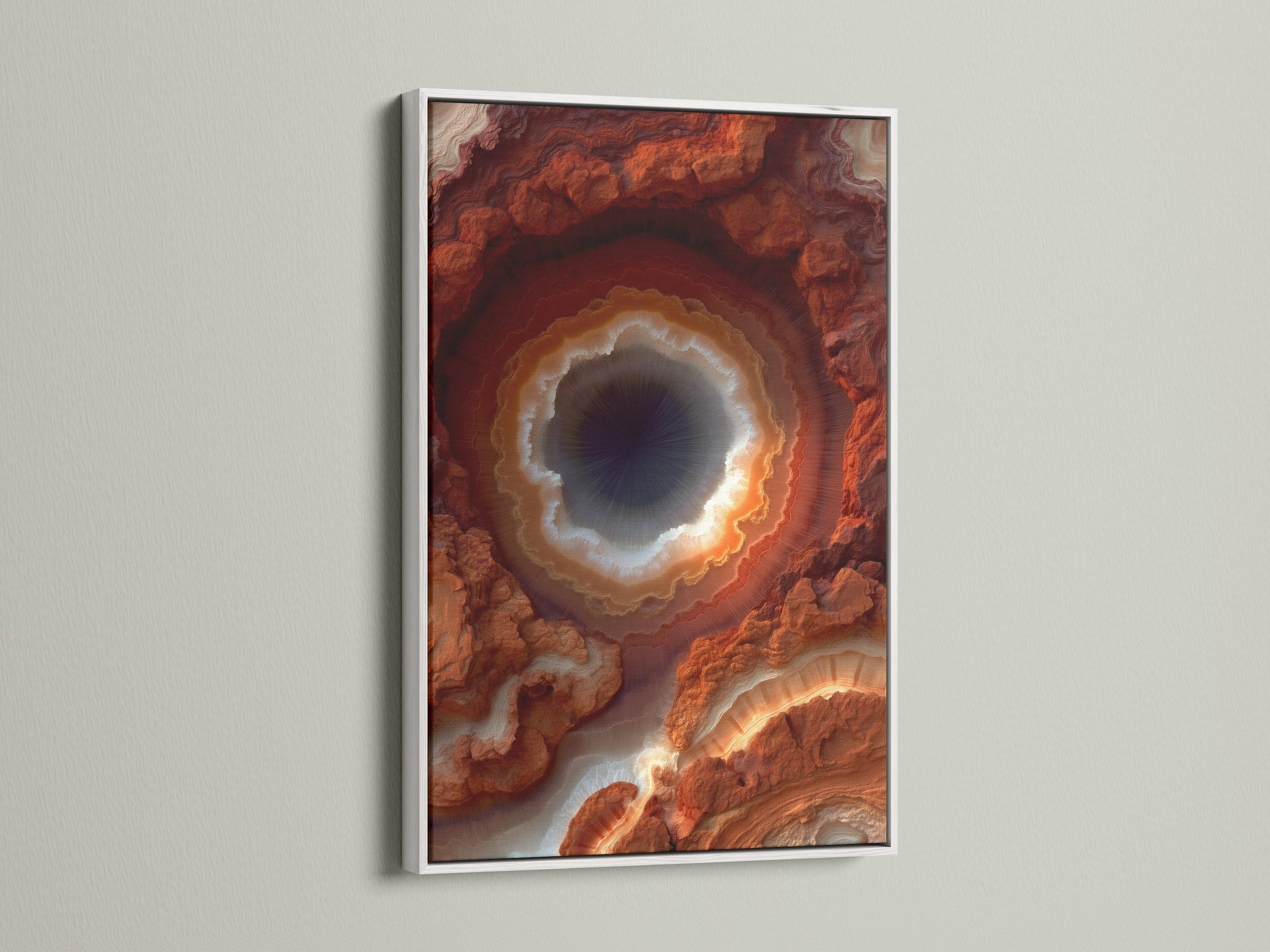 Geode Art Print in a white Frame. The artwork is a Rust Orange Agate Wall Art. A Modern Crystal Canvas Print perfect for Office Decor. Abstract Mineral Artwork to enhance your space.