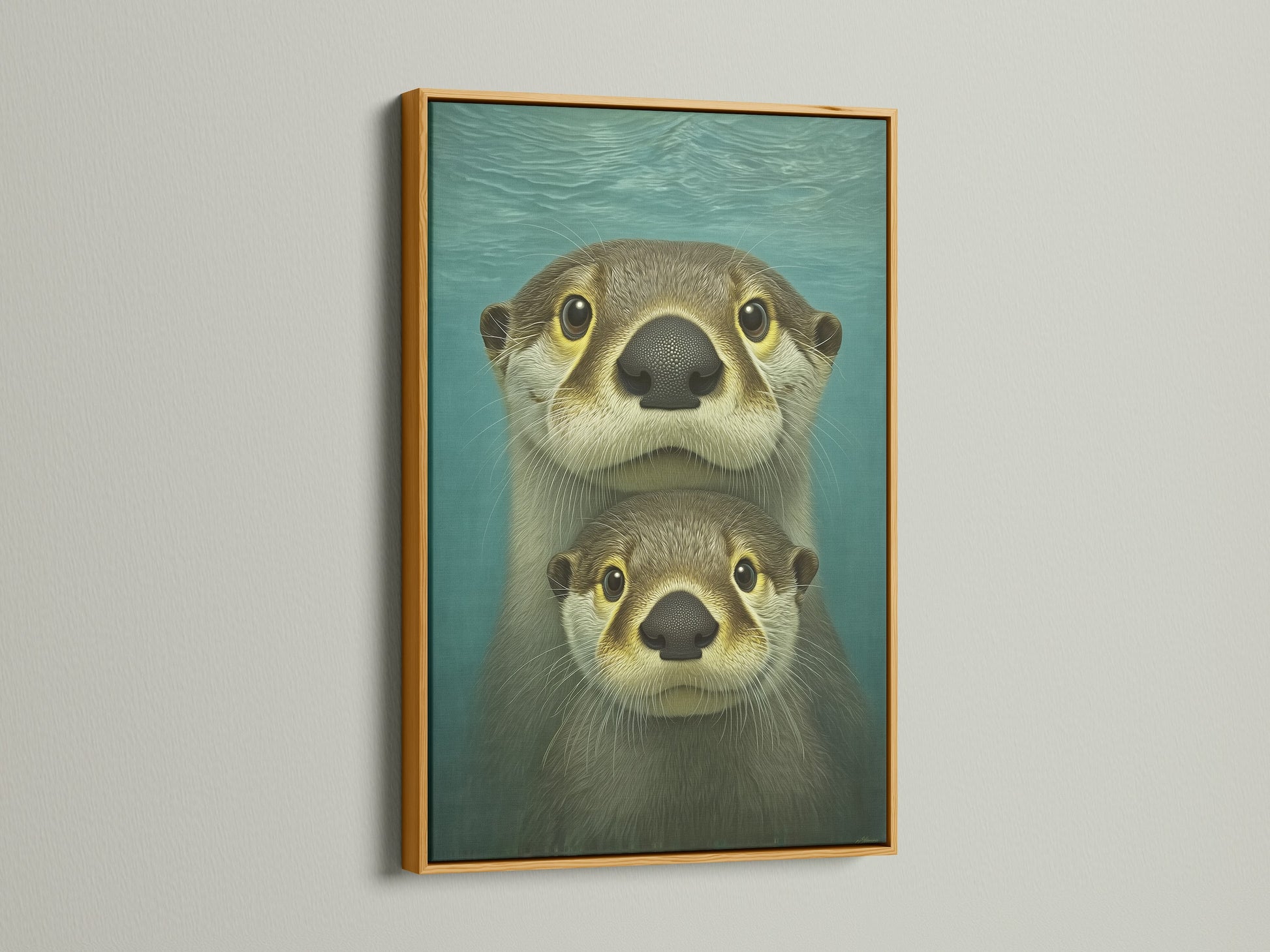 This gold frame showcases a lovely otter print. This teal wall art brings a coastal vibe to any space. Perfect as nursery art or kids wall art. The animal canvas adds a cute touch to your home decor and highlights the wildlife art.