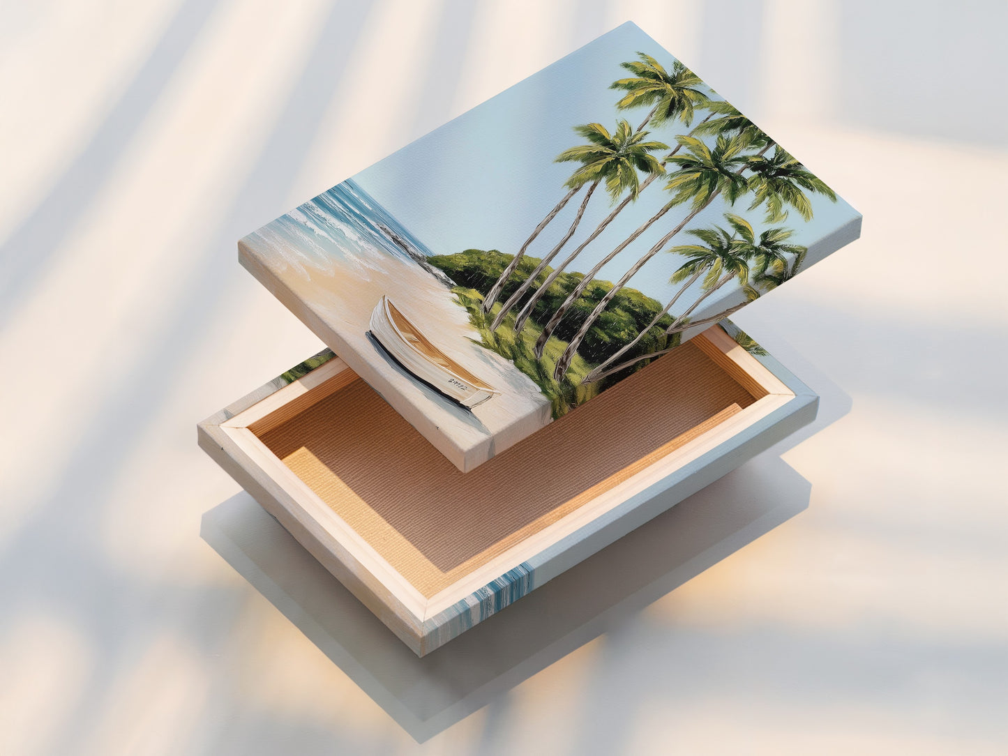 A stretched canvas print featuring a tropical beach scene. The artwork shows palm trees a boat and blue water. This stretched canvas print is ready to hang. Bring the beauty of the beach into your living room bedroom or office.