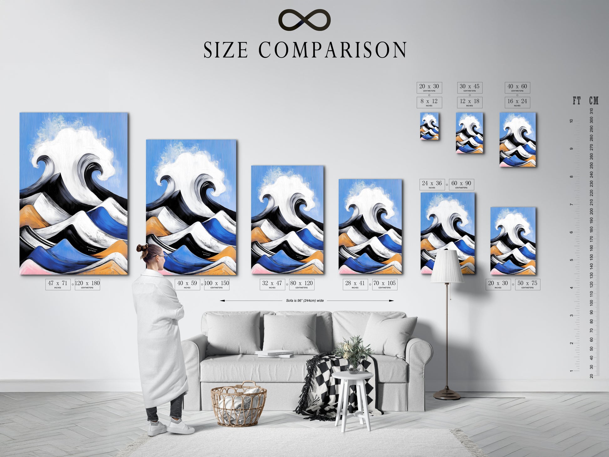 Size comparison chart in an interior setting. Visualize how the ocean wave artwork fits. The abstract seascape comes in various sizes. The blue and orange coastal wall decor enhances any room.
