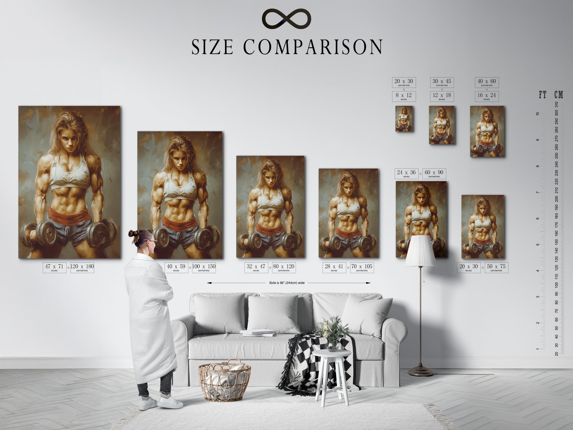 Size comparison chart in an interior setting. View the options for a strong woman artwork. Find the perfect size for your fitness motivation wall art. Ideal for home gym decor. Choose your perfect piece.