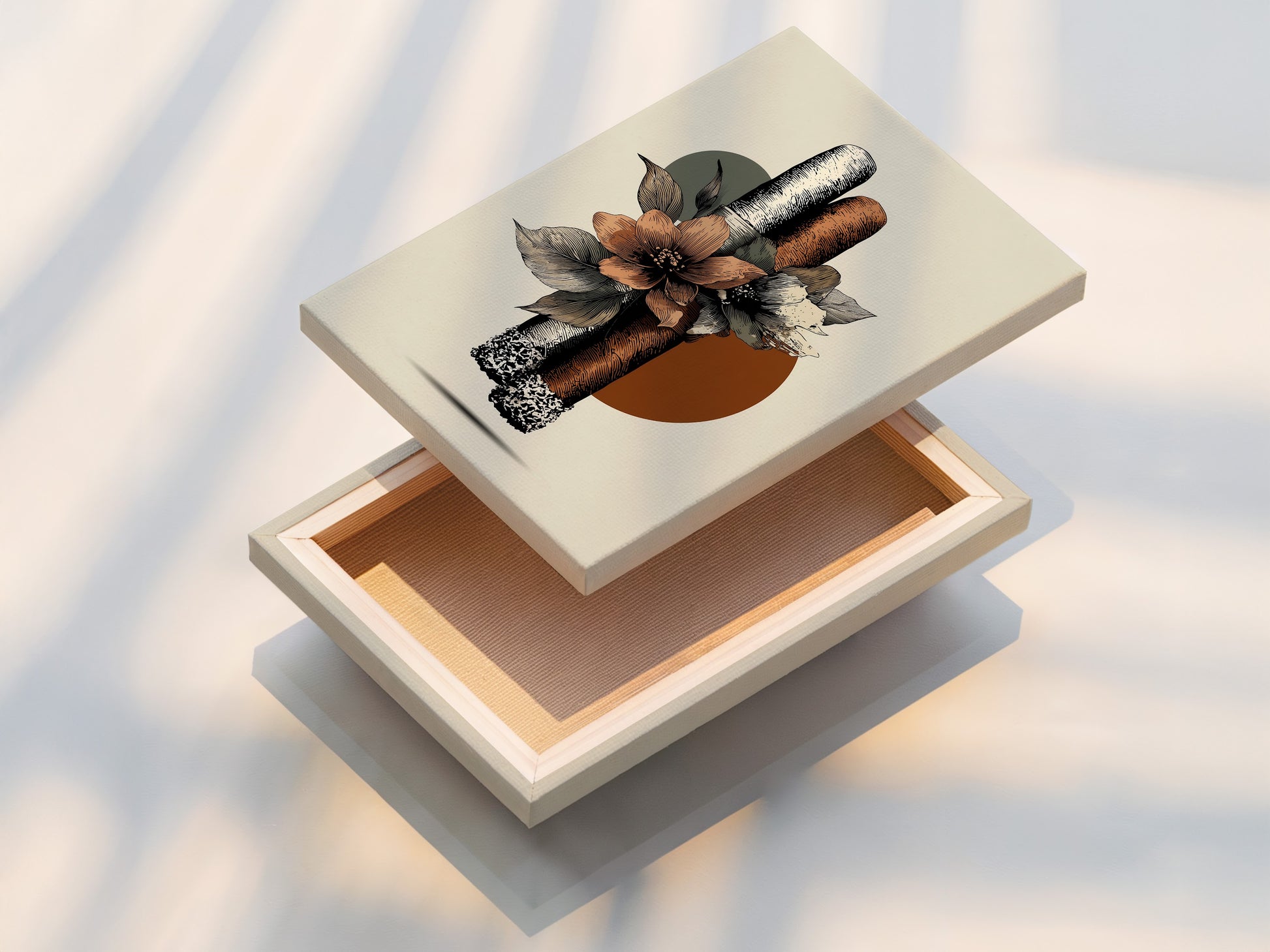 This is a stretched canvas print. It features boho floral artwork with cigars. This is perfect Eclectic Wall Art for a man cave lounge or cigar shop. The primary color is brown and the secondary color is beige. Canvas prints are great for home decor.