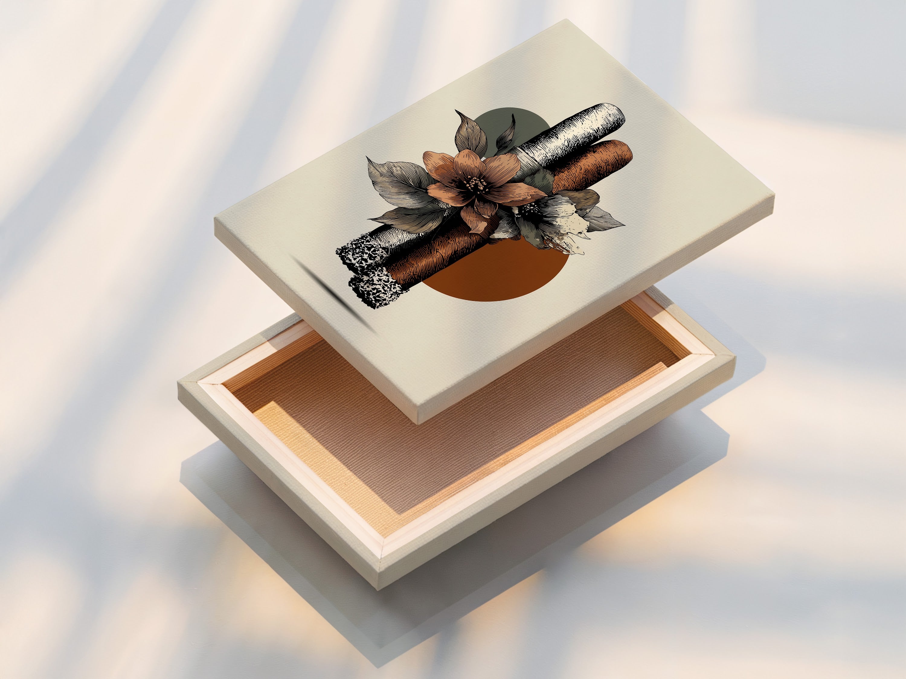 This is a stretched canvas print. It features boho floral artwork with cigars. This is perfect Eclectic Wall Art for a man cave lounge or cigar shop. The primary color is brown and the secondary color is beige. Canvas prints are great for home decor.