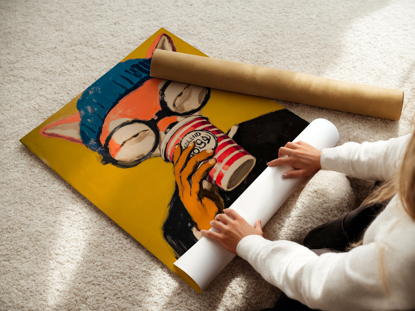 A woman is carefully rolling a fine art poster paper. This highlights the care and quality of the materials used. Our fine art posters are perfect for adding a touch of elegance to any room. Ideal for homeowners renters and students.