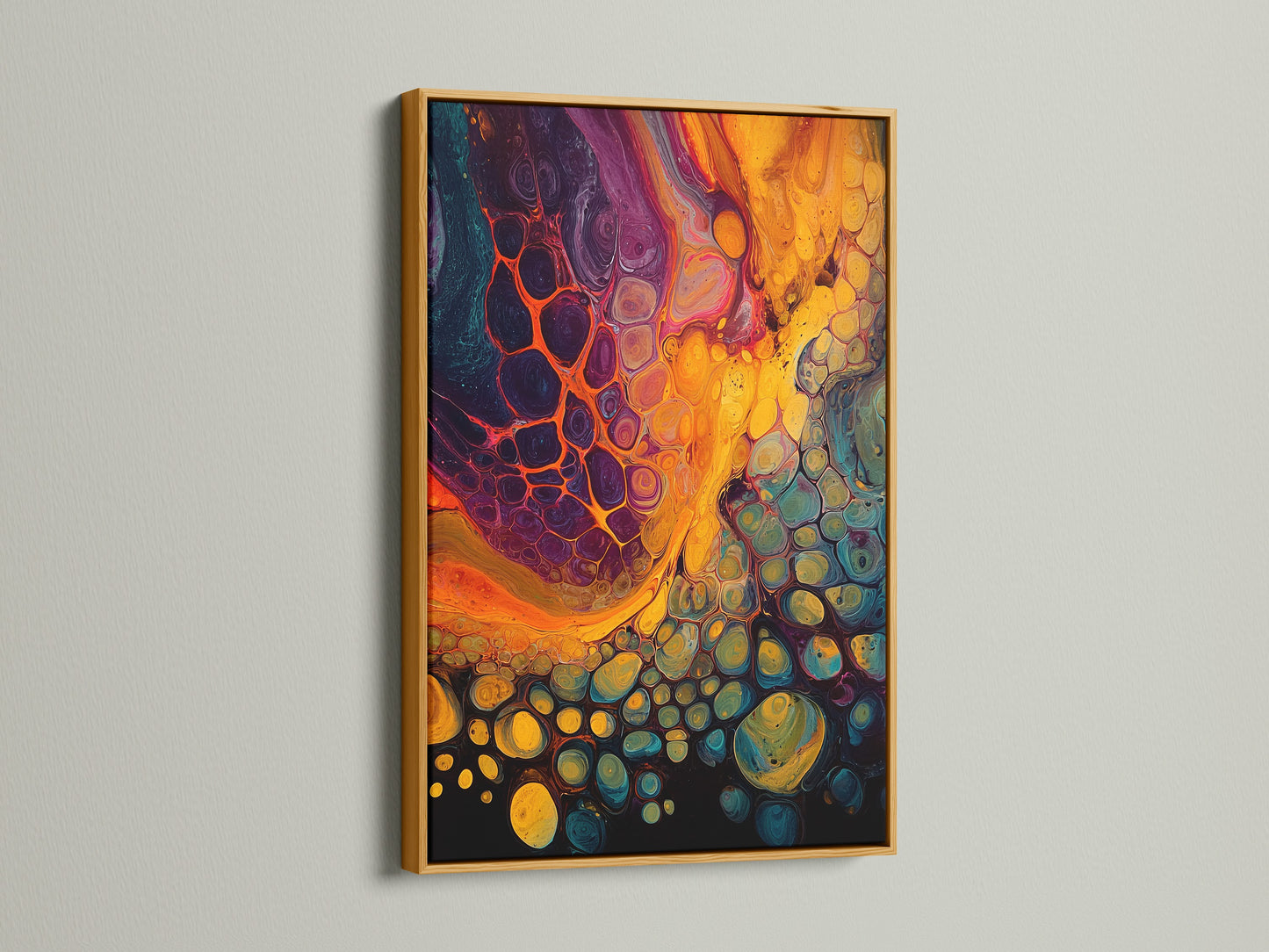 Add a touch of luxury with a gold frame. This frame elevates a vibrant abstract art print. The metallic sheen brings warmth and elegance. Perfect for adding a glamorous touch to your decor. Transform your art with a gold frame.