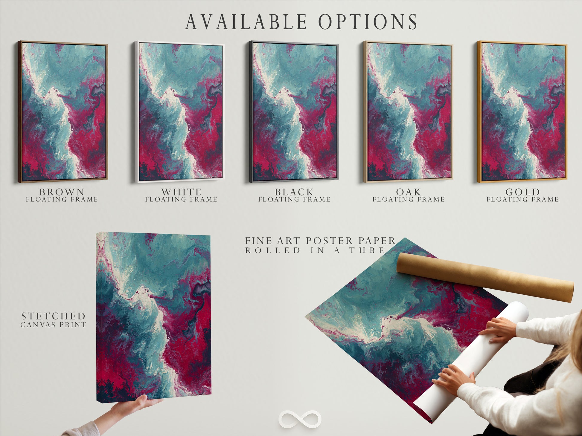 This image showcases available options for abstract fluid art prints. Options include a stretched canvas print a fine art poster paper and a floating frame. Choose the perfect format to complement your style and space. Enjoy modern teal and pink marble swirl artwork in your home.