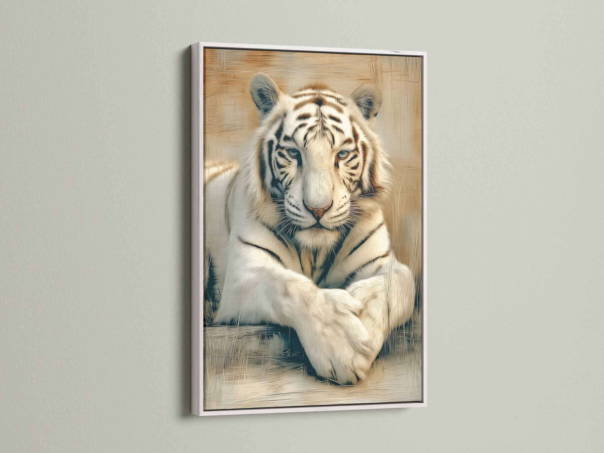 A beautiful white tiger artwork is displayed in a clean white frame. The tiger print enhances your space with safari animal art. This wildlife canvas is perfect for minimalist or Scandinavian decor.