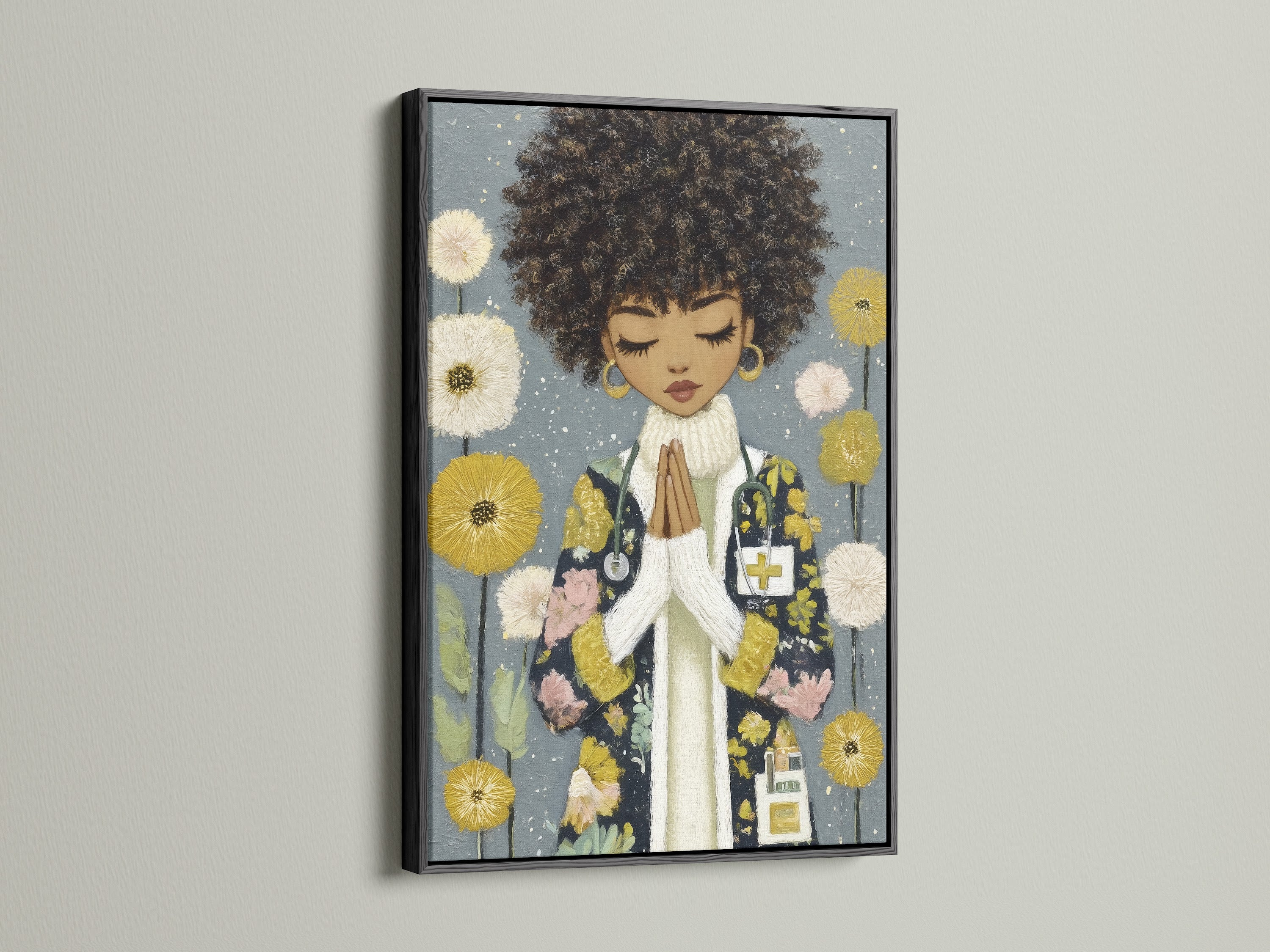 African American Spiritual Artwork in a black frame. The Black Girl Prayer Art Print offers spiritual decor. This black woman art is perfect as hospital wall art. It will enhance any minimalist or modern style space.