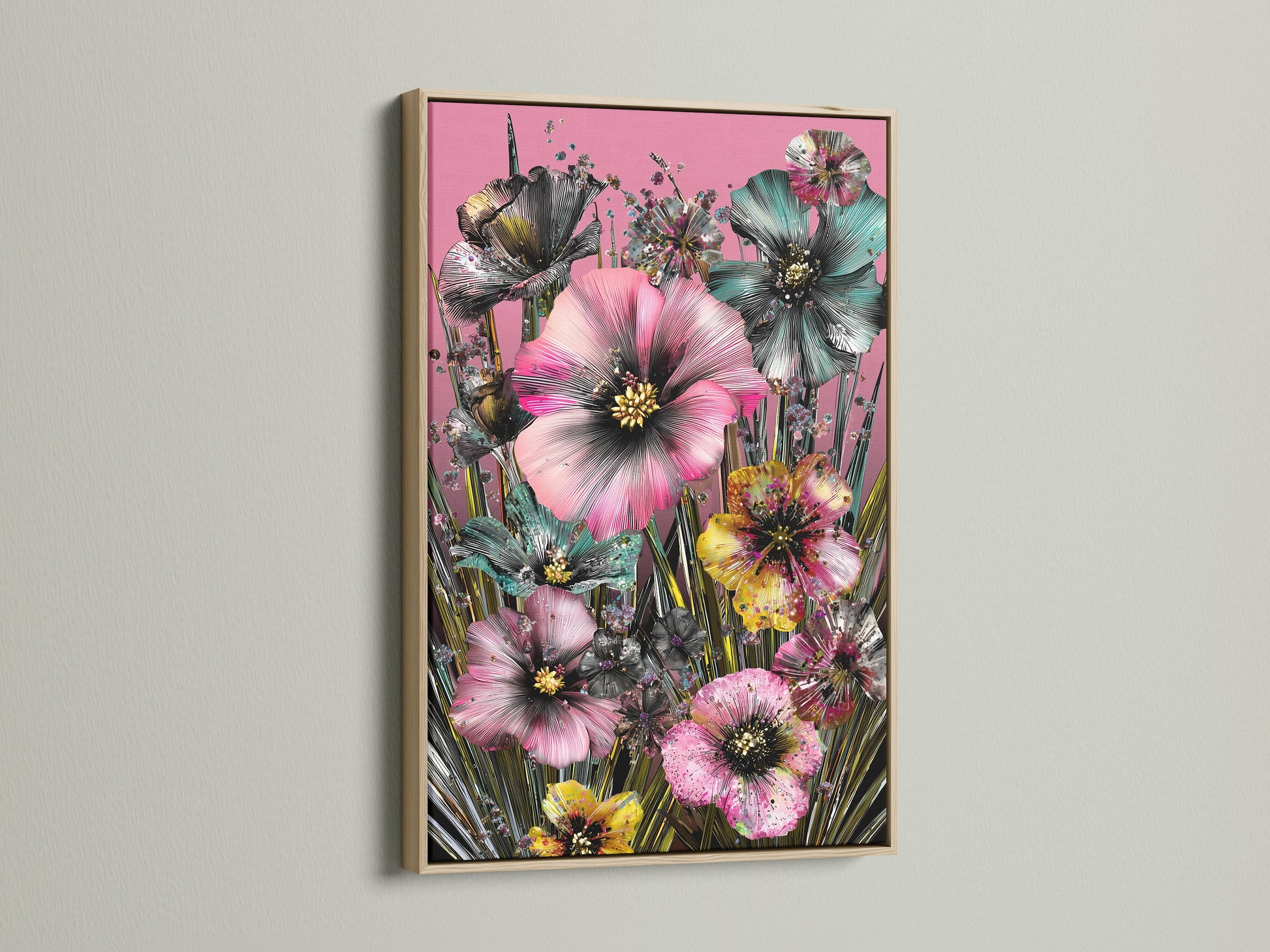 Tropical floral canvas print with an oak frame. This botanical flowers artwork features a pink floral print. A vibrant floral art piece that enhances any living space. Perfect for homeowners and renters.