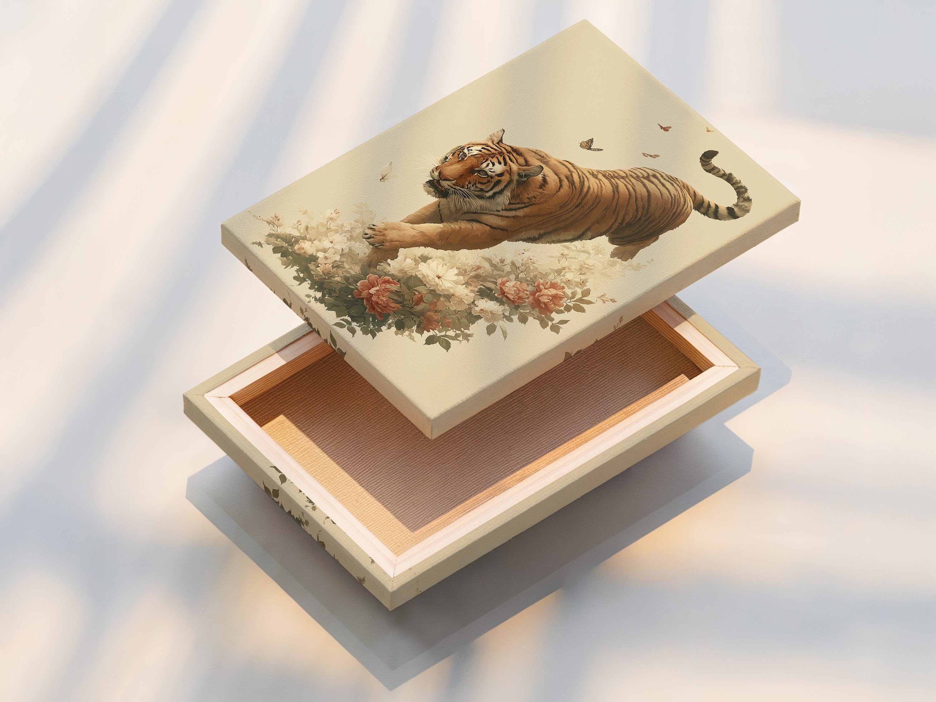 A stretched canvas print showcases vintage tiger artwork. This traditional wildlife canvas is ready to hang and enjoy. The stretched canvas print provides a gallery-quality look and feel. The botanical tiger and floral elements are beautifully displayed. This animal artwork is perfect for any space.
