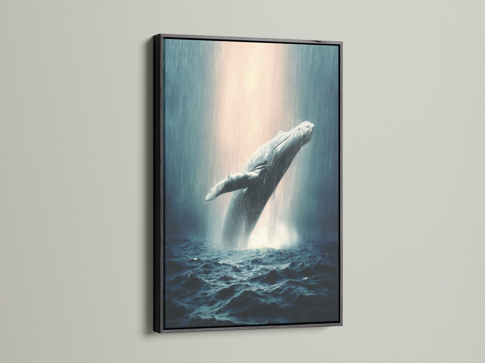 This is a whale canvas print in a black frame. It is ocean wildlife wall art. It features a humpback whale. This is marine life art. The whale artwork is perfect for coastal wall decor. It is a sea life print.