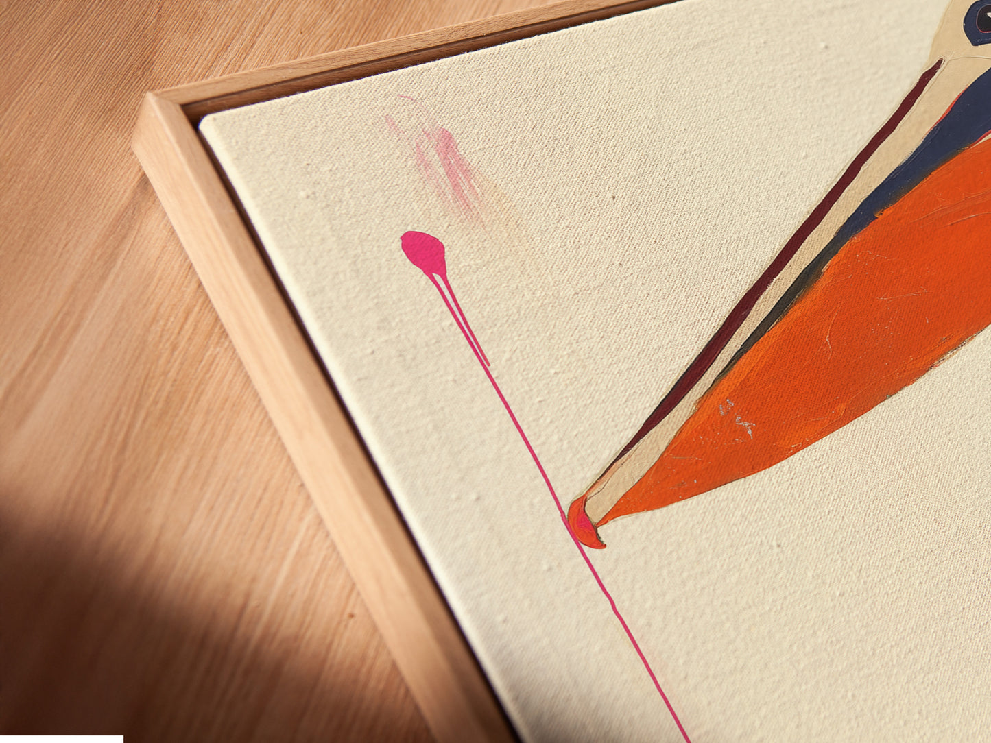 Close-up angled view of a canvas print in a floating frame. The floating frame gives a modern look. It enhances the artwork. This print is ready to hang. A perfect addition to any art collection. Check out our canvas prints.