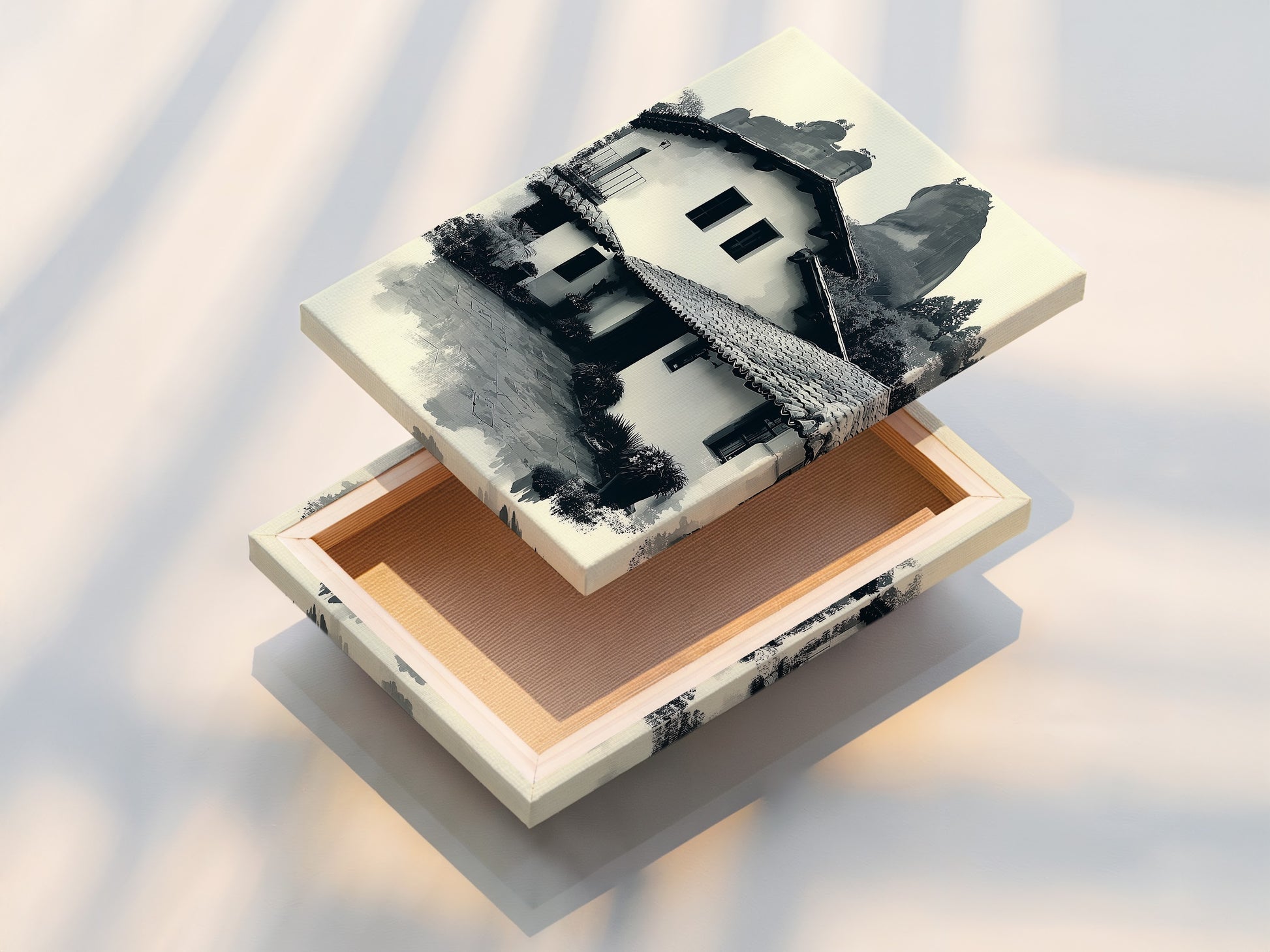 A stretched canvas print showcases the monochrome Hacienda artwork. The canvas texture enhances the visual appeal. This stretched canvas is ready to hang. It's ideal for Southwestern art lovers.