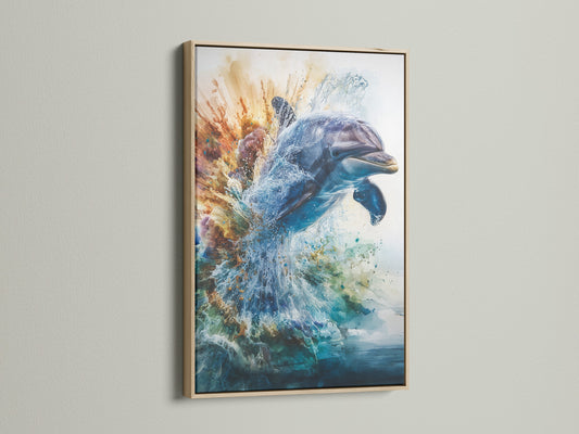 A captivating dolphin artwork is showcased in an oak frame. The frame enhances the art. It brings warmth and natural beauty to any room. Discover the allure of oak frames for your cherished art prints today.