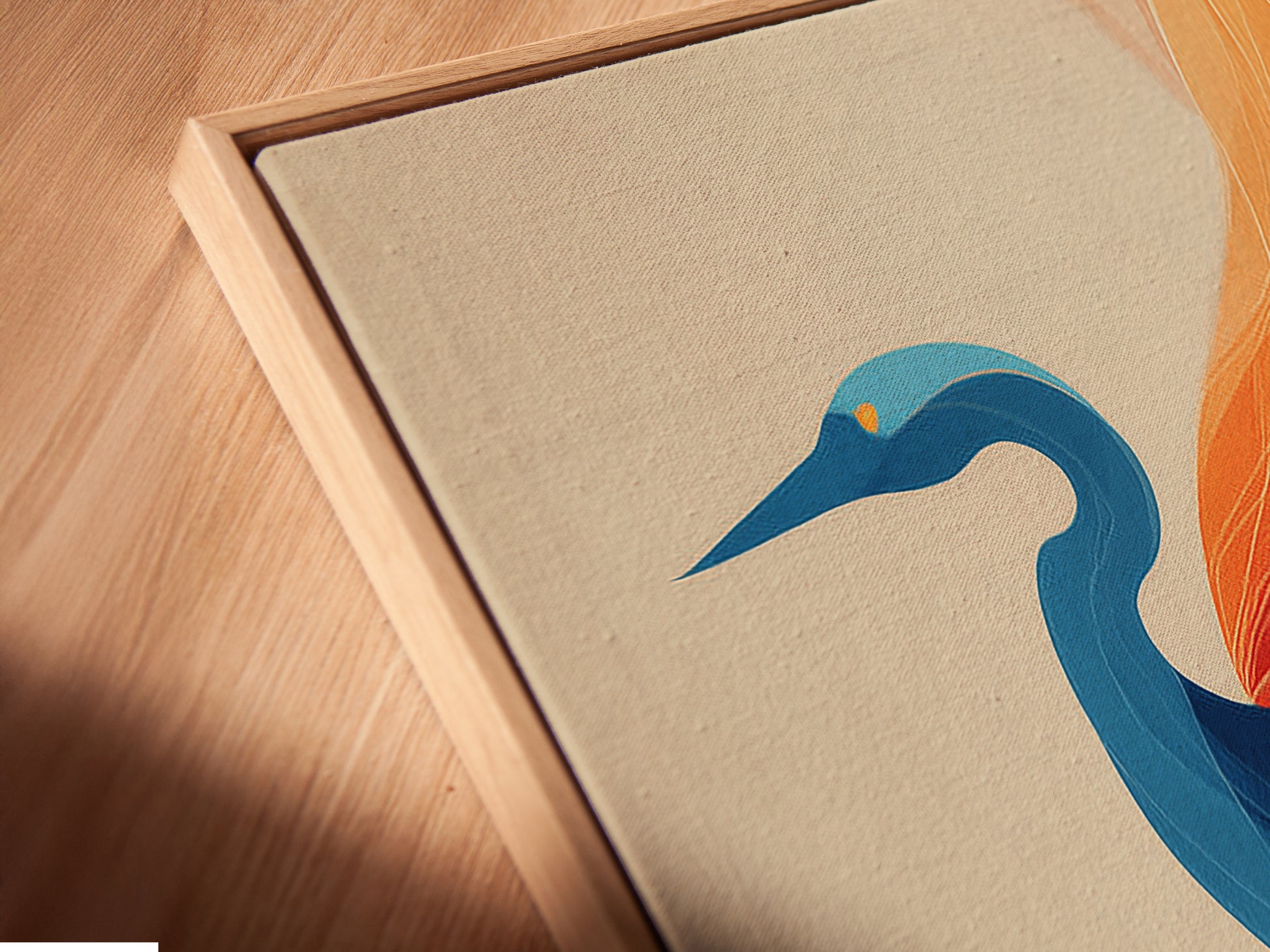 A close-up shows a canvas print in a floating frame. The crane artwork appears to float adding depth. The abstract print enhances any space. This modern art print is perfect for creating a stylish wall decoration.