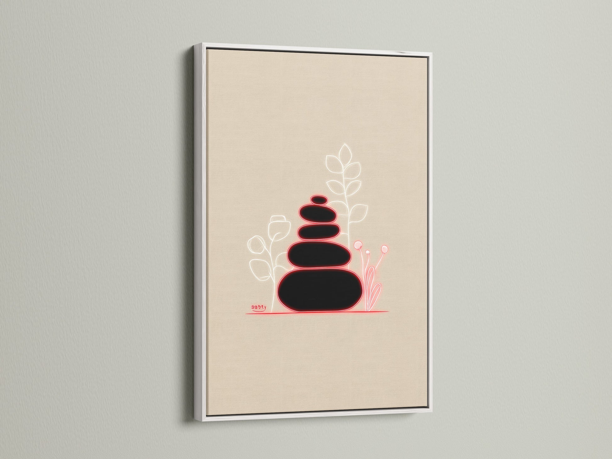 Zen Stones canvas print displayed in a white frame.  This minimalist wall art is a great choice for spa decor.  The calming artwork enhances bathroom decor.  Bring peaceful zen art into your home with this neutral balanced art.