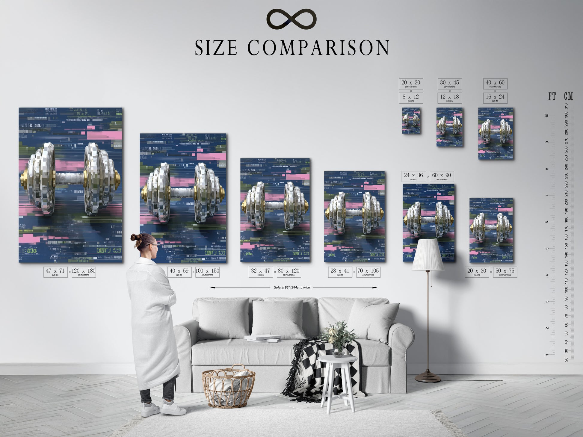 Size comparison chart of the Digital Glitch Dumbbell art displayed in an interior setting. See how this cyberpunk wall art fits in different spaces. Perfect for home gym or fitness studio decor.