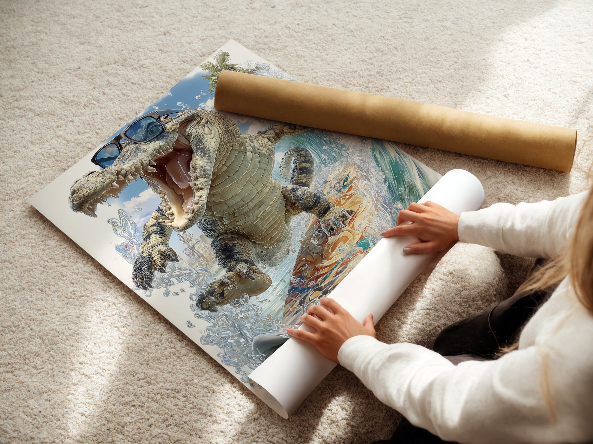 A woman is rolling a fine art poster paper featuring cool alligator wall art. This tropical surf art is a funny animal print. Ideal for beach house decor or a kids room providing a unique summer vibe.