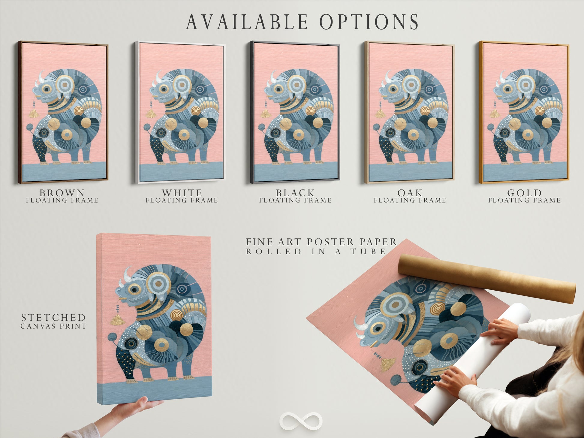 Available options for the Abstract Bull artwork. Choose from stretched canvas print fine art poster paper and floating frame options. Customize your wall decor to match your style. This blue and gold animal artwork is versatile. Find the perfect fit for your home.