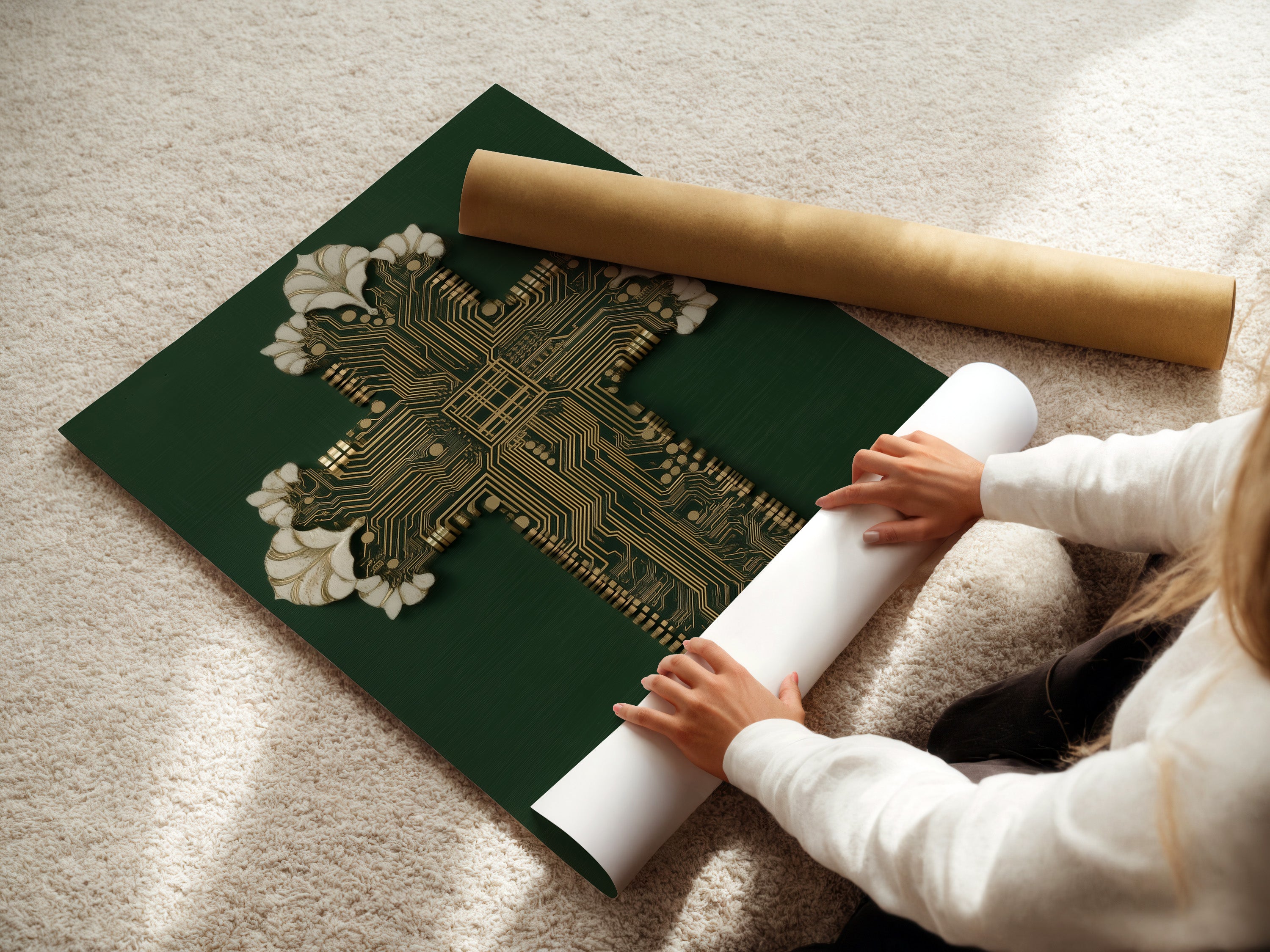 A woman carefully rolls a fine art poster paper. This showcases the care in handling the Circuit Board Cross Art print. Ensuring it arrives in perfect condition. Ready to display as tech christian canvas print.