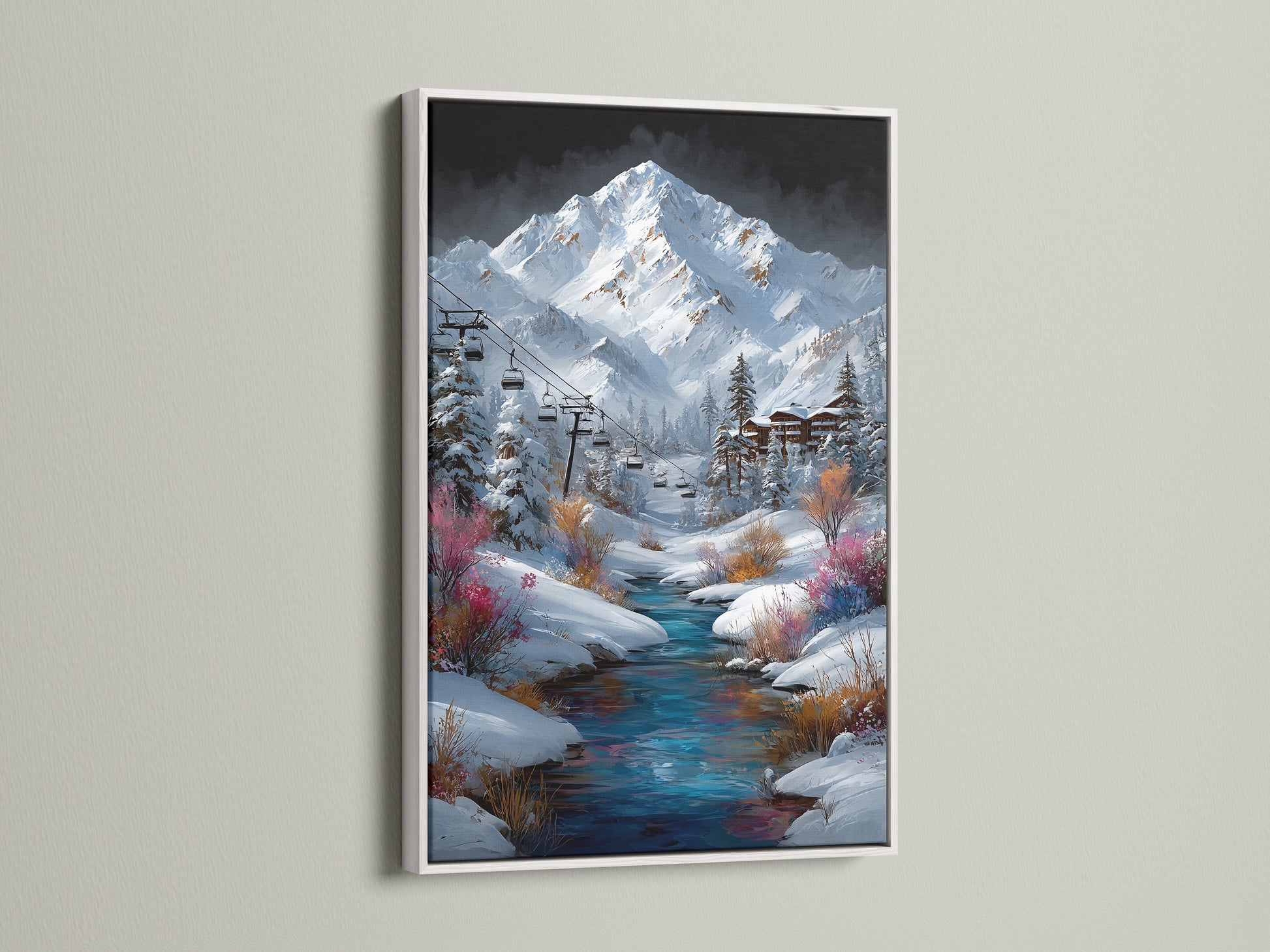 A white frame enhances the beauty of this mountain village art print. The artwork captures a serene winter scene with a ski lift and blue stream. Perfect for adding a touch of alpine charm to your cabin wall decor. The white frame complements the snowy landscape.