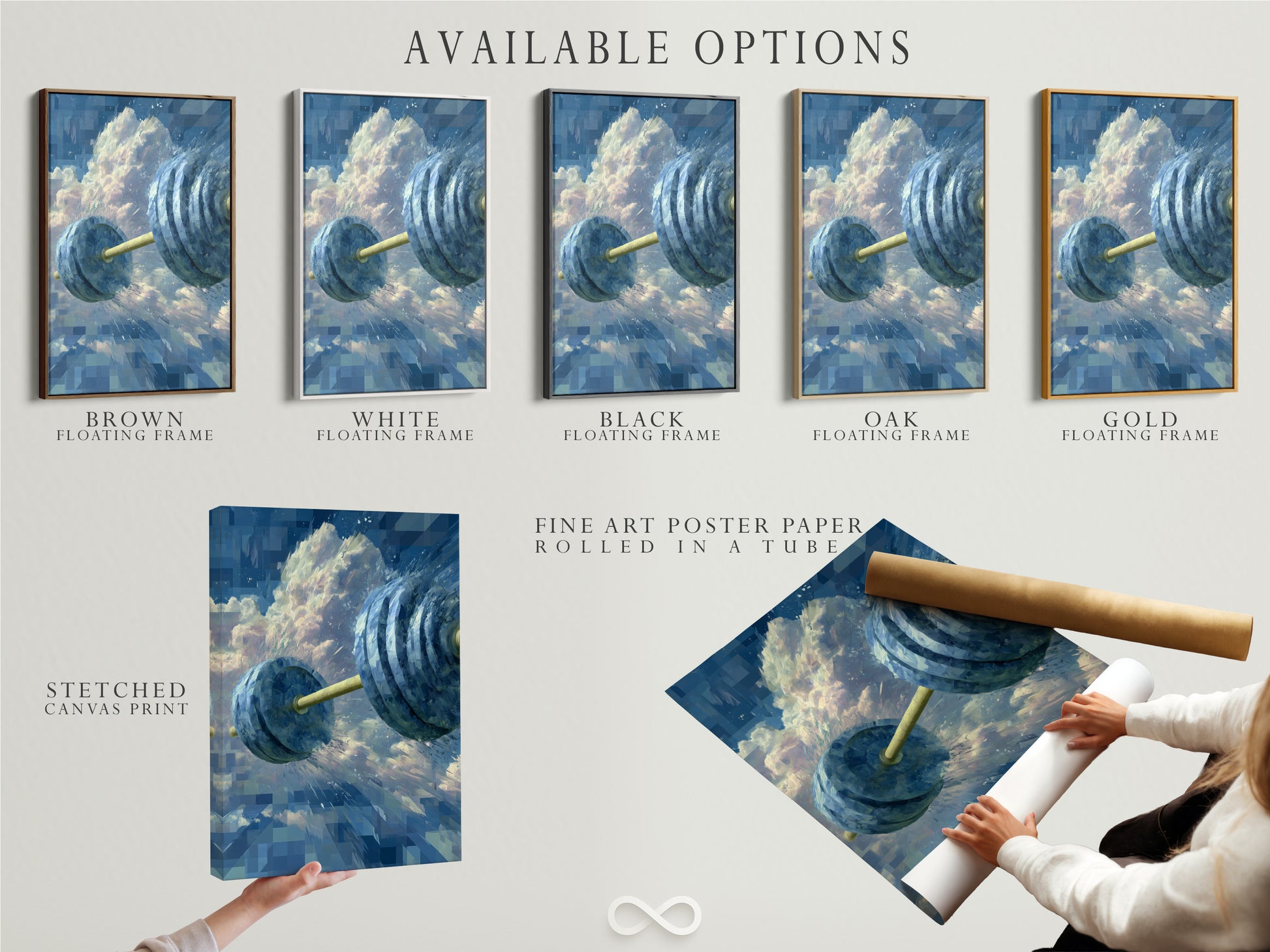 Available options include stretched canvas print fine art poster paper and floating frame. Customize your fitness artwork to match your style. Choose the perfect format for your gym room decor today.