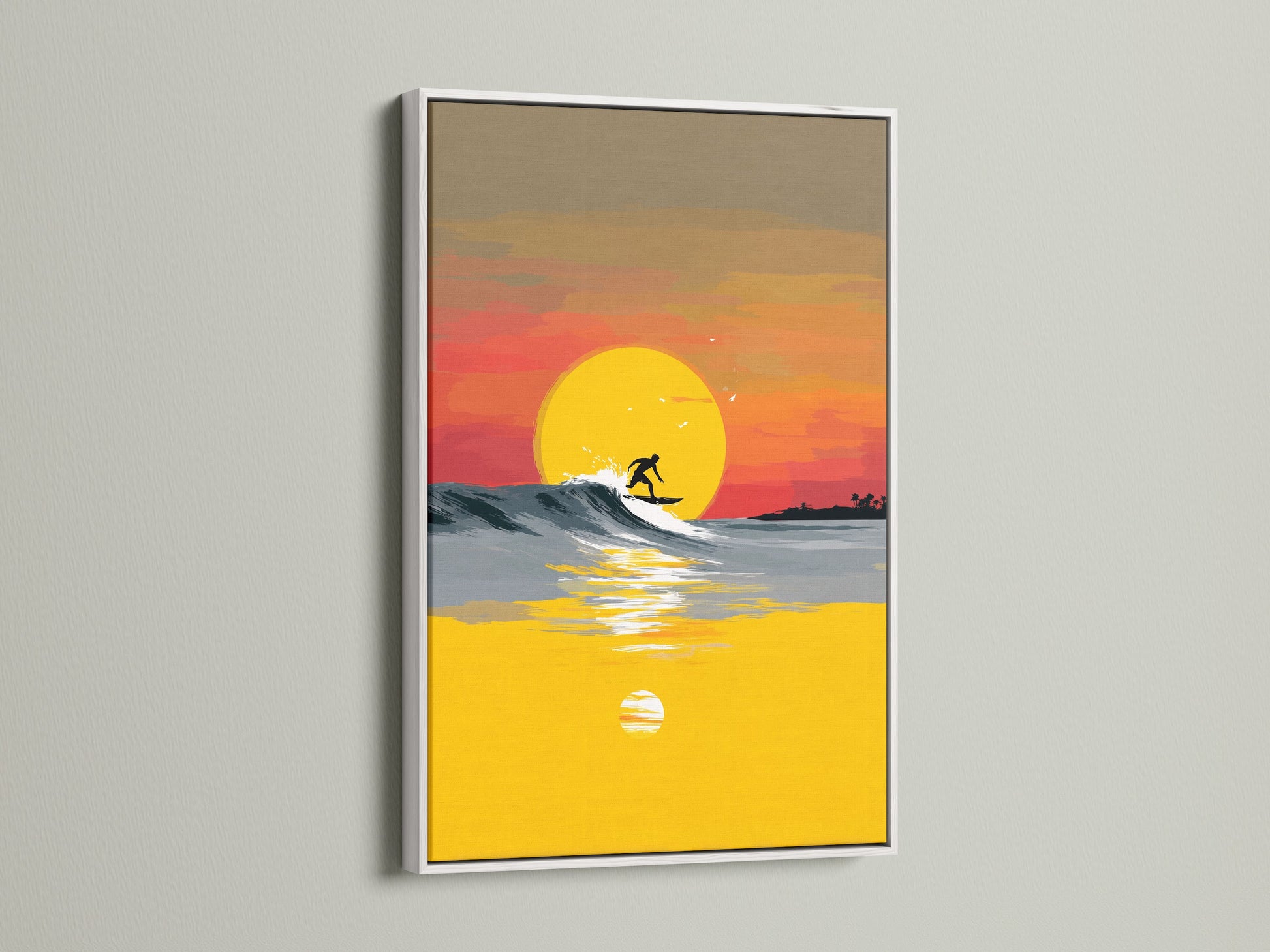 Bring the serenity of the ocean into your home. This Surfing Canvas Print features a sunset wave. The artwork is framed in a clean white frame. This coastal wall art adds a touch of summer to any room. The artwork is suitable for modern and minimalist styles.