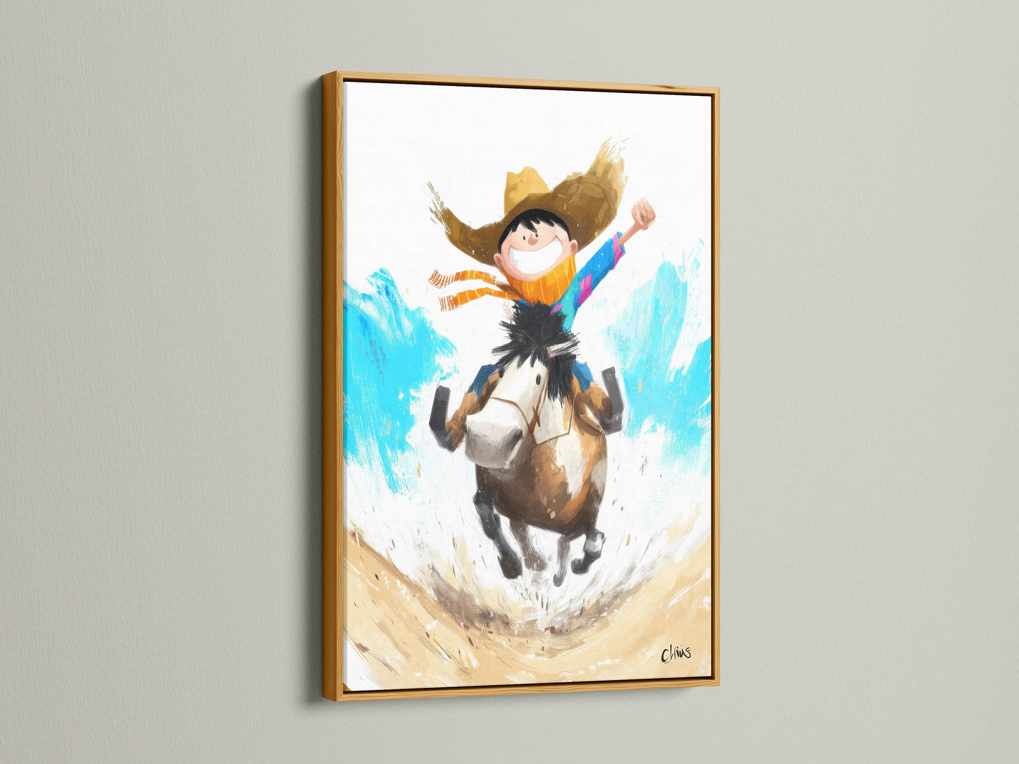 Boy Riding Horse Artwork inside a gold frame. The gold frame adds a touch of elegance. It enhances the artwork's whimsical charm. This artwork is perfect for adding a sophisticated touch to a kids' room or playroom.