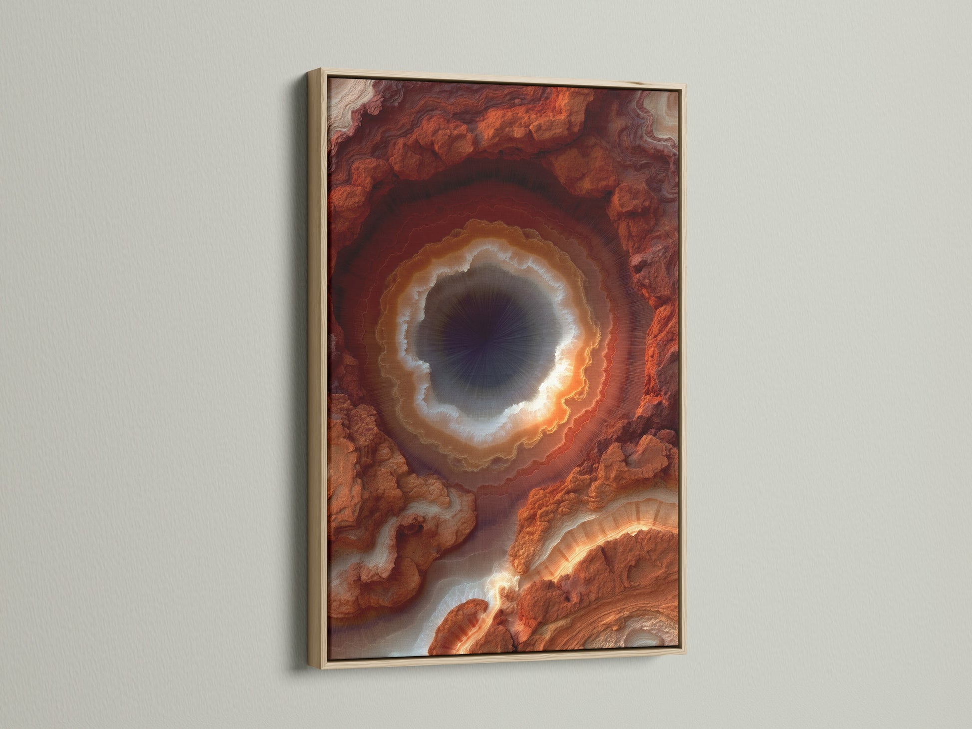 Geode Art Print in an oak Frame. The artwork is a Rust Orange Agate Wall Art. A Modern Crystal Canvas Print perfect for Office Decor. Abstract Mineral Artwork to enhance your space.