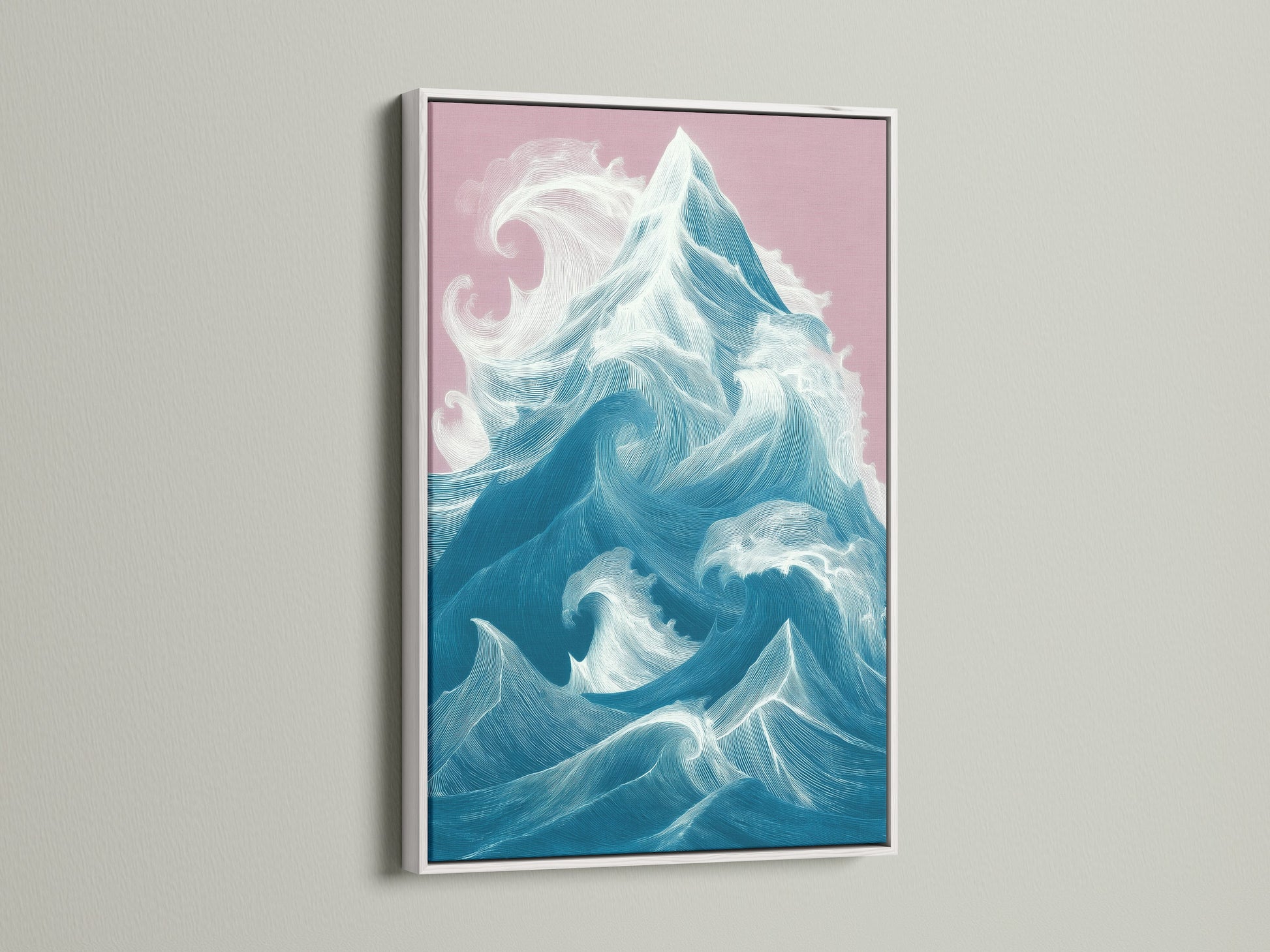 Ocean Wave art in a White frame. Modern seascape artwork for bedroom decor. The white frame enhances the artwork's teal and white tones. Perfect for bathroom wall art or powder room decor.