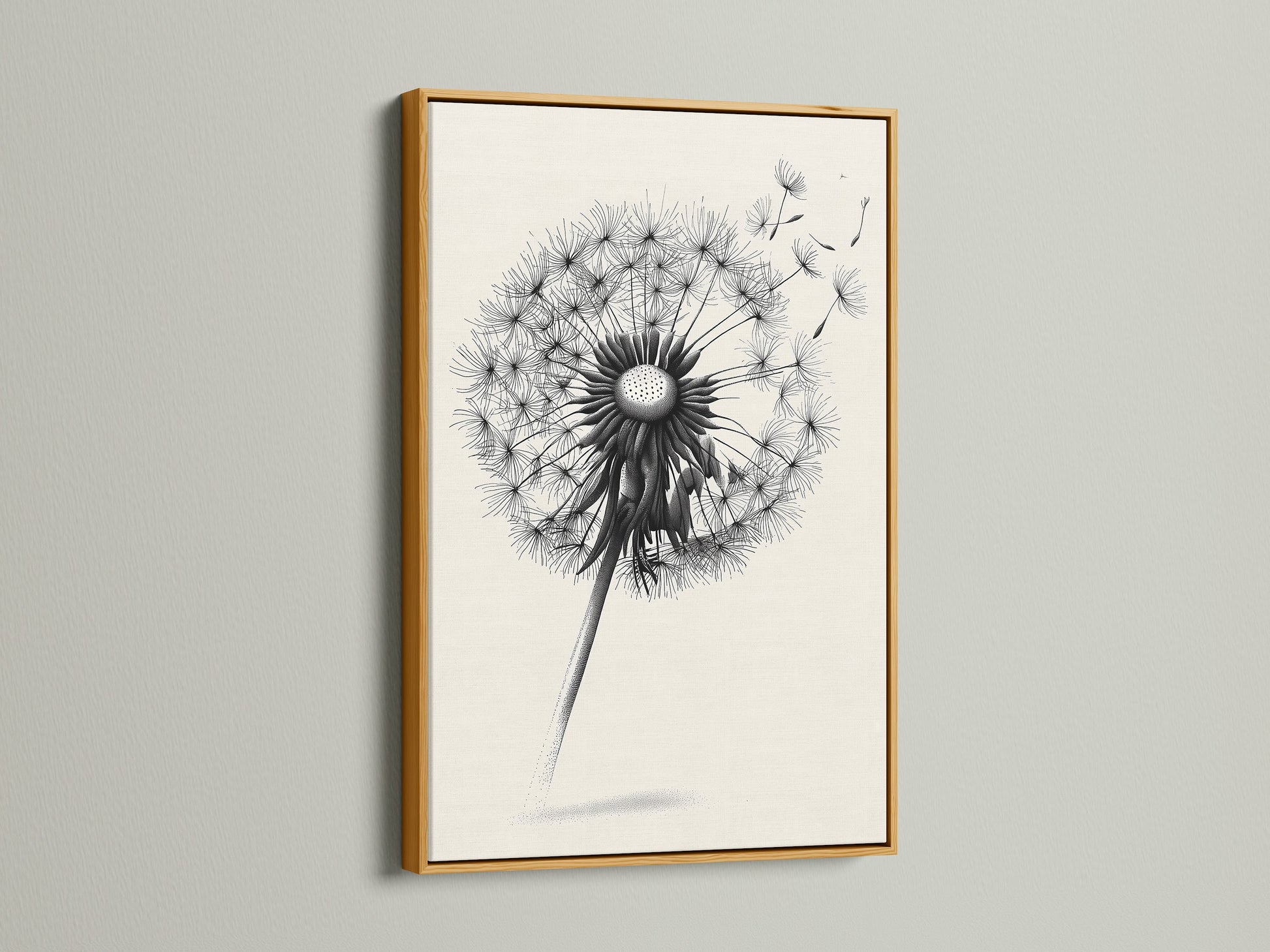 The image showcases a dandelion artwork in a gold frame. The gold frame adds a touch of luxury and elegance. The frame elevates the artwork. The gold frame creates a glamorous display. It is ideal for adding a sophisticated touch to your home decor. The gold frame makes a statement.