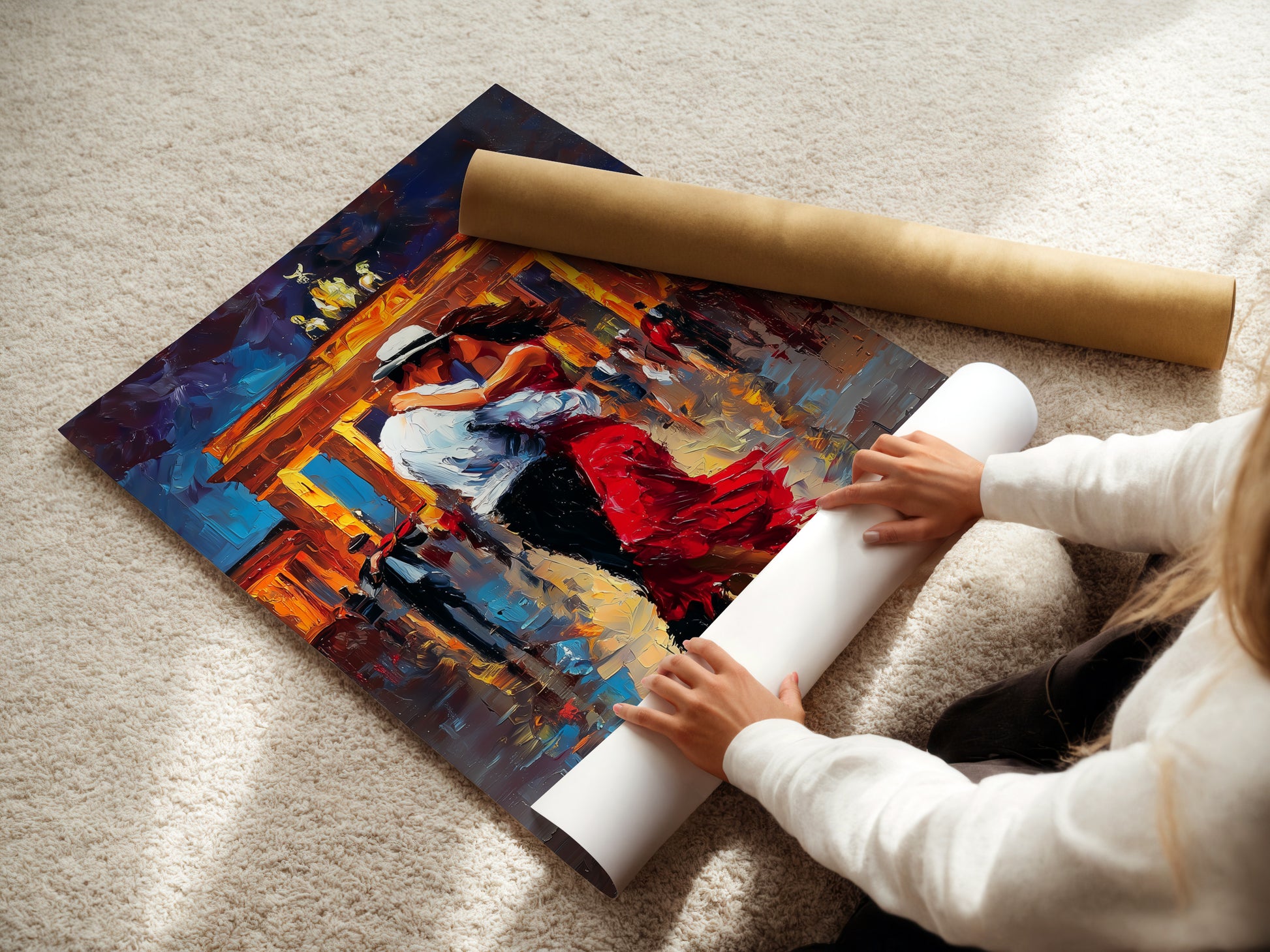 Woman rolling a fine art poster paper. This premium paper ensures the artwork is showcased with exceptional clarity and detail. The smooth surface enhances the colors and textures. Fine art poster paper is ideal for art enthusiasts who appreciate quality and craftsmanship. This paper is perfect for framing.