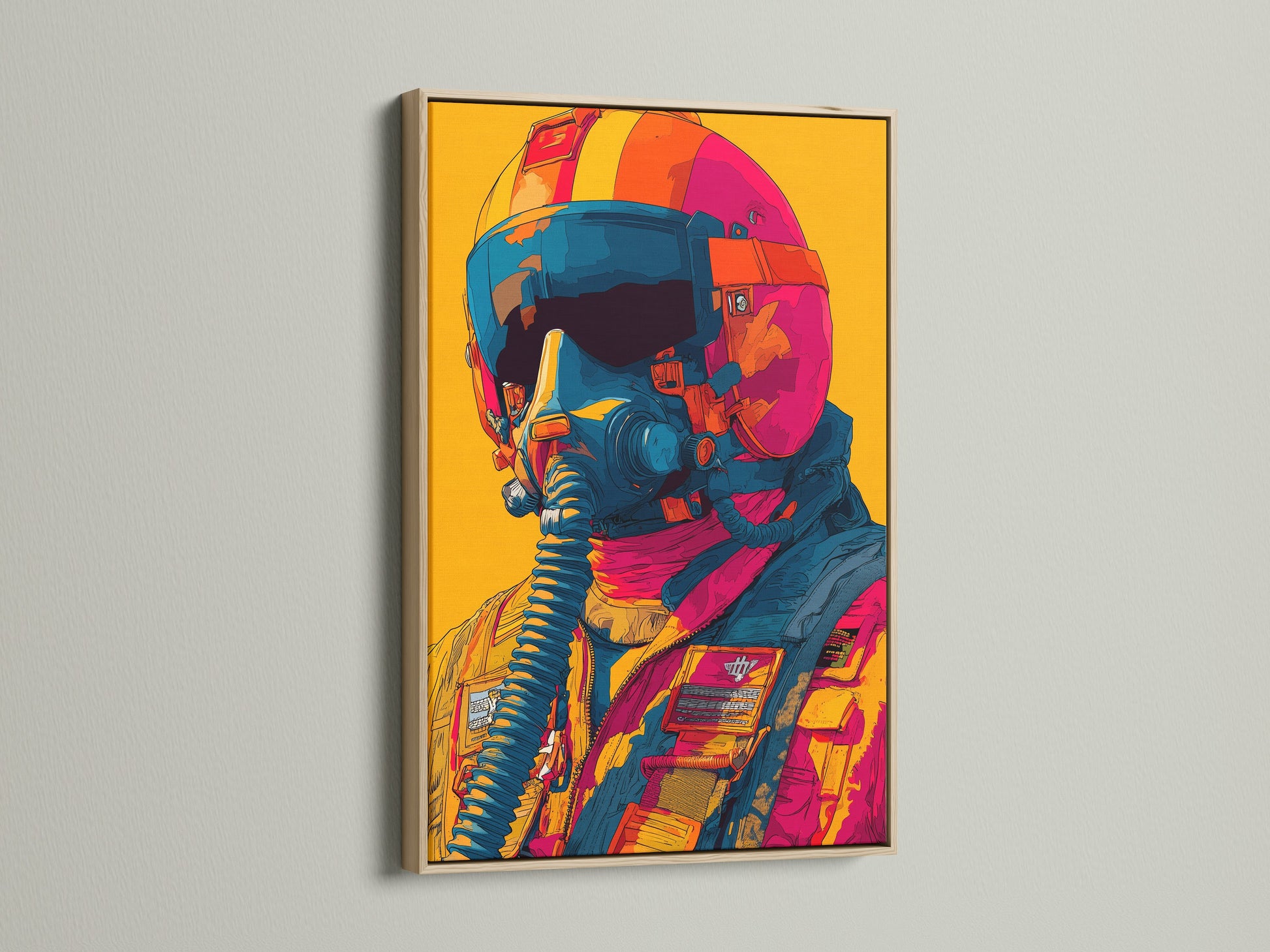 Artwork in an oak frame hangs on a white wall. The art features a pilot with a helmet and mask. The colors are vibrant. The oak frame gives a natural and warm touch to the piece.