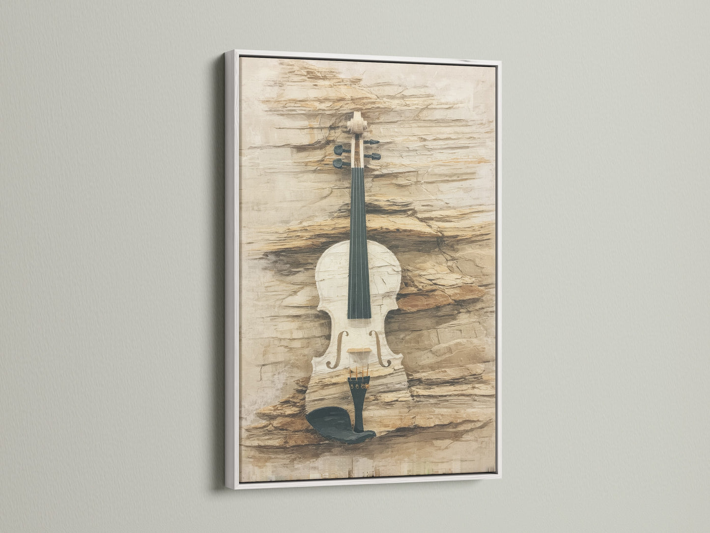A white frame enhances this vintage violin artwork. The neutral tones bring out the musical instrument's detail. This fine art print is great for music room decor. Add classical charm to any space.