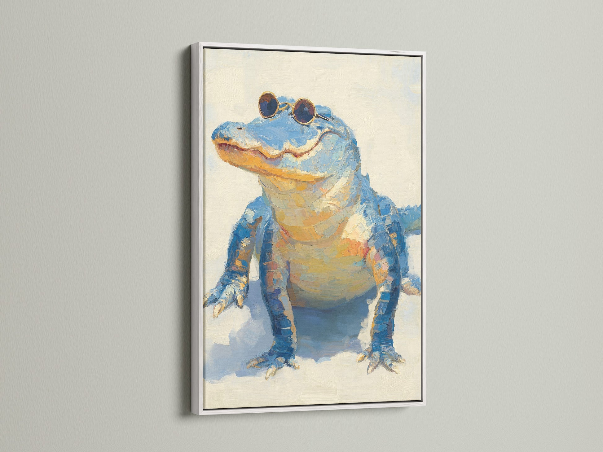 Framed cool alligator artwork with a white frame. The whimsical animal wall art features a quirky wildlife poster. The white frame adds a clean look to this funny animal art.