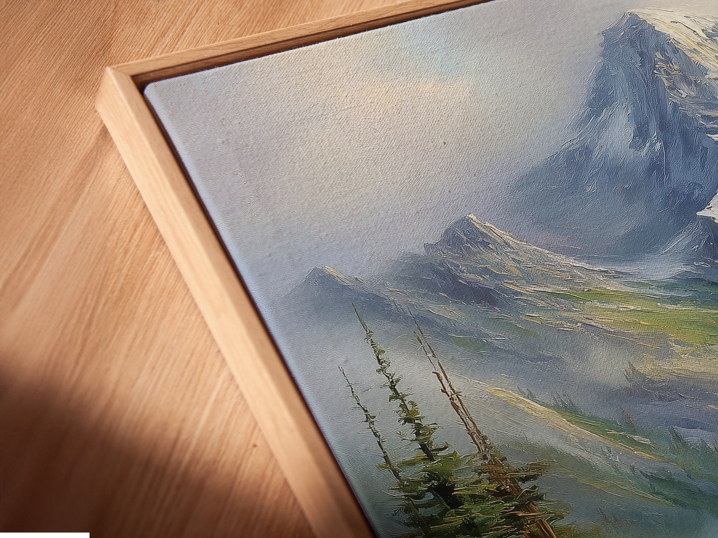 This is a close-up angled view of a canvas print in a floating frame. The floating frame gives the artwork a modern and sophisticated look. It looks like the art is suspended. It will add a unique touch to your wall decor.