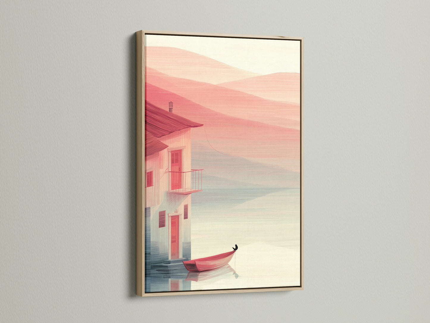 This coastal house canvas print with a red boat is framed in oak. The minimalist seascape artwork adds a touch of elegance. Perfect for entryway decor in coastal or Scandinavian styles. Elevate your living room wall art. This serene artwork creates a calming atmosphere in any room. Ideal for beach house decor.