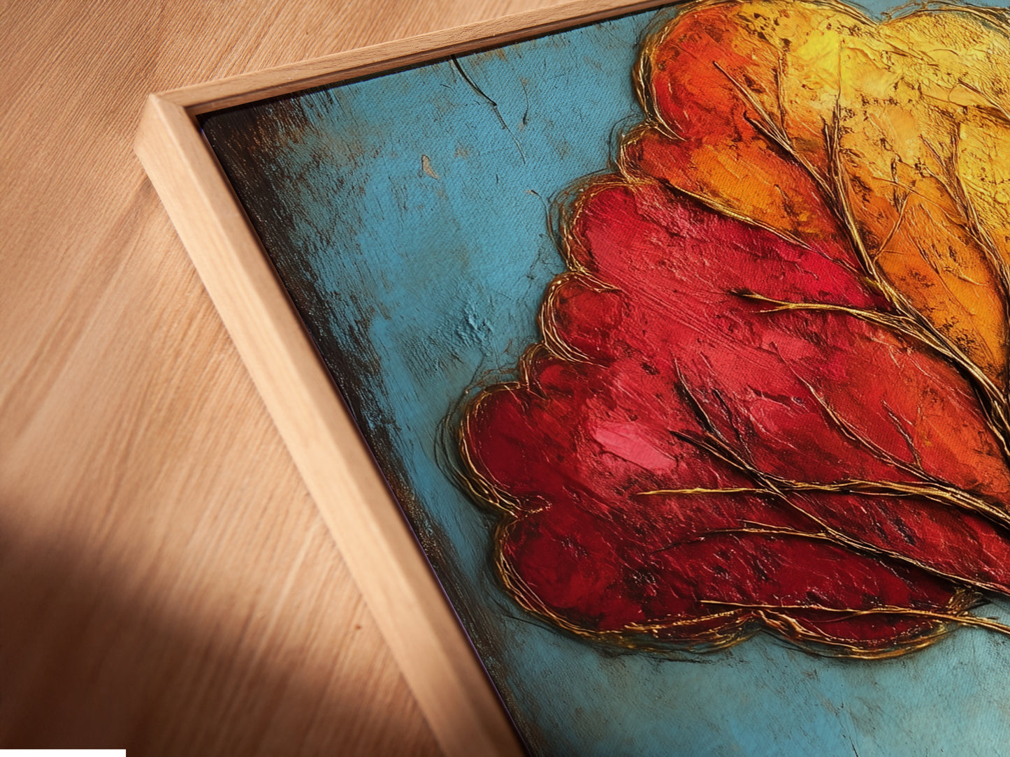 A close up angled view shows the canvas print in a floating frame. The Colorful Ladder Tree Art is a modern and abstract piece. The floating frame enhances its contemporary appeal. It's perfect for adding a touch of inspiration to your living room or office.