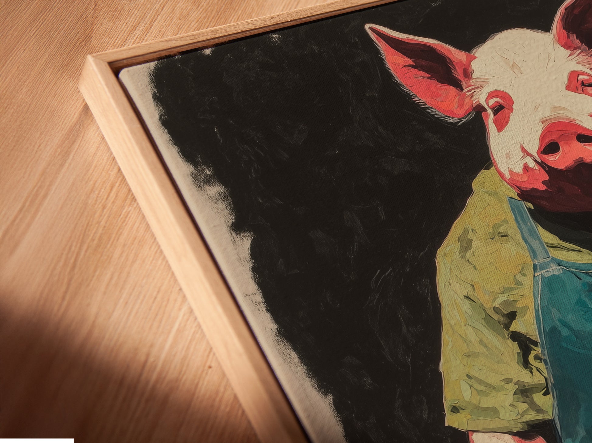 A close-up angled view of the Pig Chef canvas print in a floating frame. The artwork features a pig wearing a green apron. The floating frame enhances the contemporary feel of the artwork. This quirky kitchen art is perfect for adding humor. It is ideal for rustic decor.
