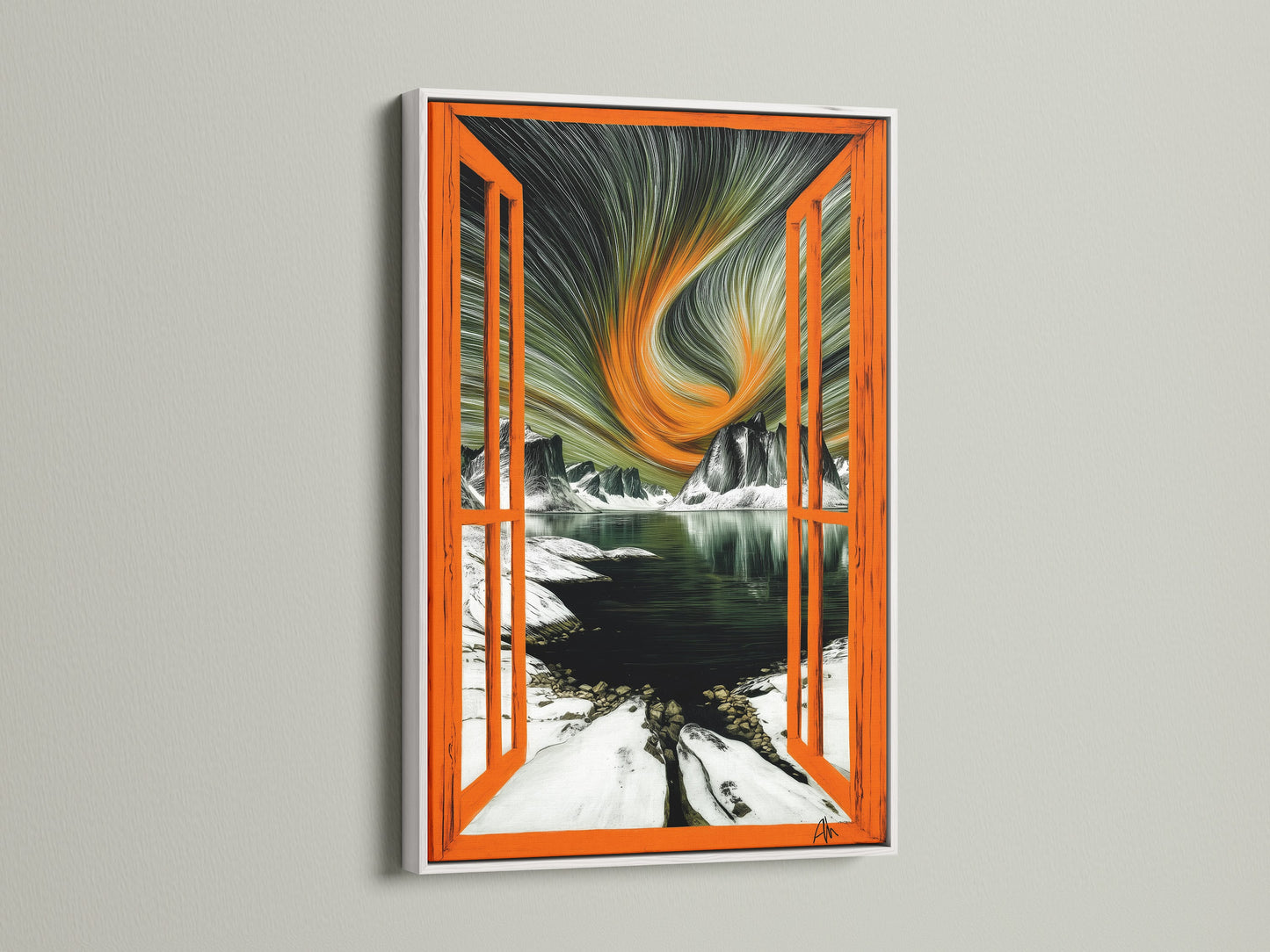 An aurora borealis artwork is elegantly framed in white. The open window view print brings a touch of winter nature indoors. The arctic landscape features a stunning display of lights. They dance above a pristine mountain lake. This scenic canvas art adds a fresh and modern touch to any room. The white frame enhances the artwork's vibrant colors and details.