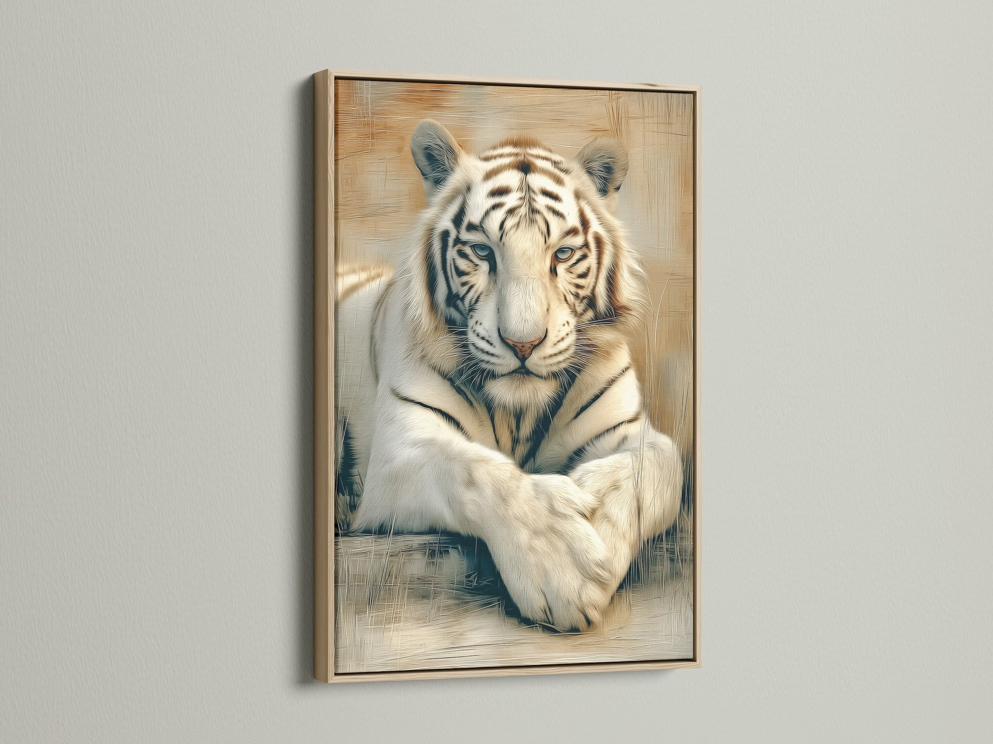 This is a stunning white tiger canvas print in an oak frame. The big cat wall art adds a touch of the wild to any room. Ideal for wildlife decor or as a unique tiger print.