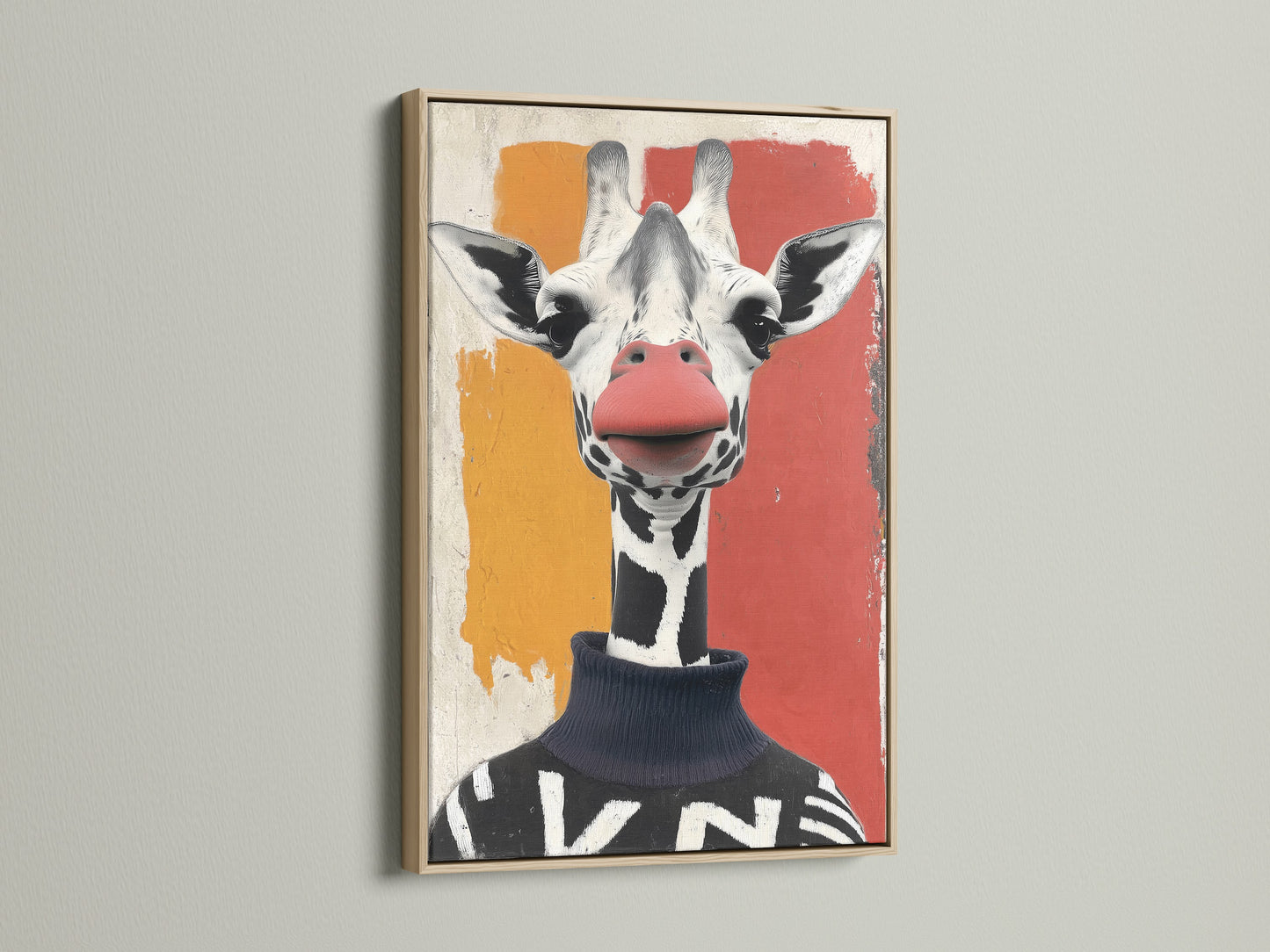 A stylish oak frame showcases a Giraffe Portrait canvas art. The animal canvas print adds a touch of fun to any space. The quirky wildlife art has a coral orange background. The modern animal artwork is perfect for a kids room. It will also suit a nursery or playroom.