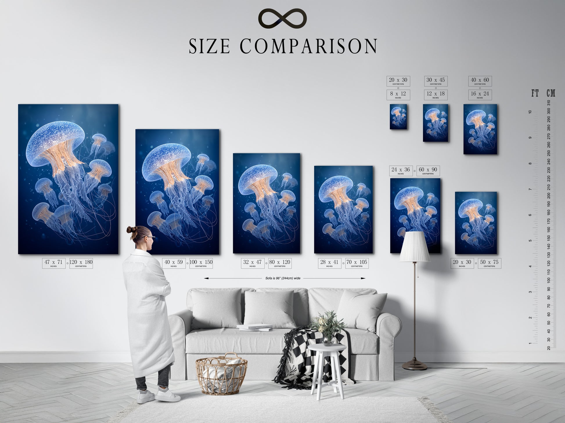 A size comparison chart is displayed in an interior setting. This chart helps visualize different artwork sizes. It allows you to choose the perfect fit for your space. The interior setting provides context. It helps imagine the artwork in your home or office.