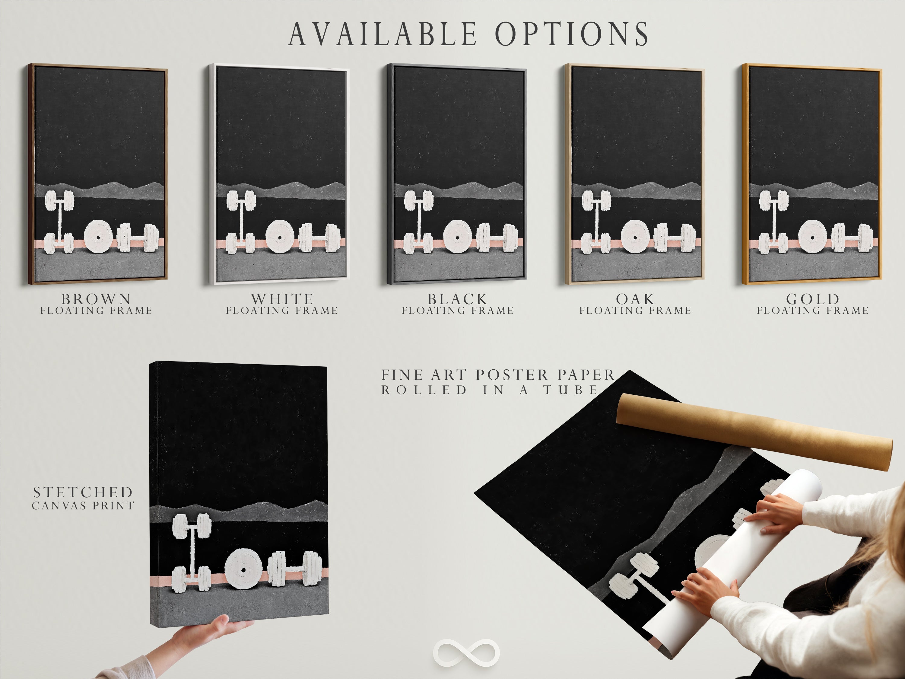 Explore available options for modern gym weights artwork. The choices include a stretched canvas print. Also fine art poster paper is available. A floating frame is another option. Customize your fitness wall art. Create the perfect gym decor. Find a great gift for fitness fanatics.
